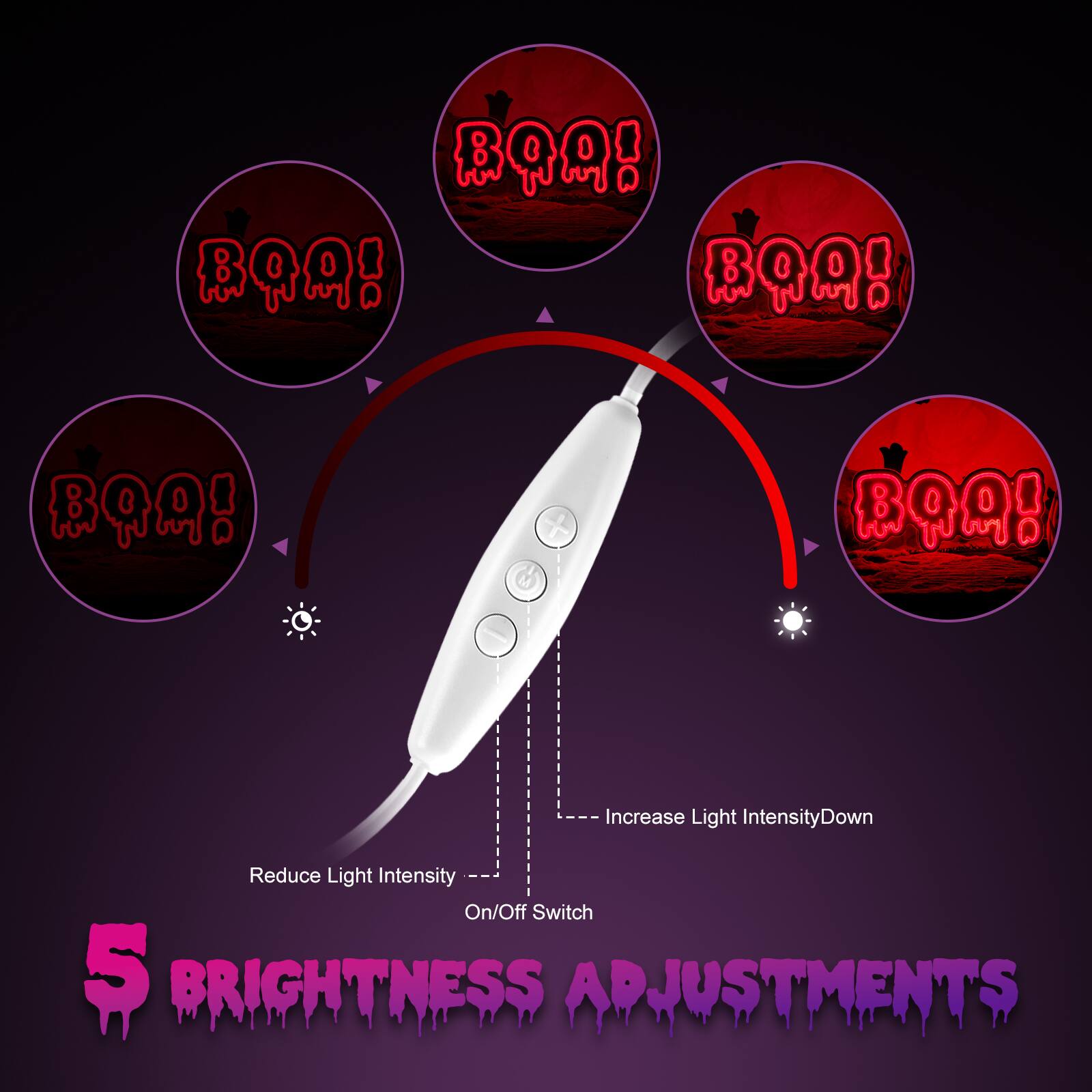 BOA! BAA!  
Increase Light Intensity  
Reduce Light Intensity  
On/Off Switch  

5 BRIGHTNESS ADJUSTMENTS