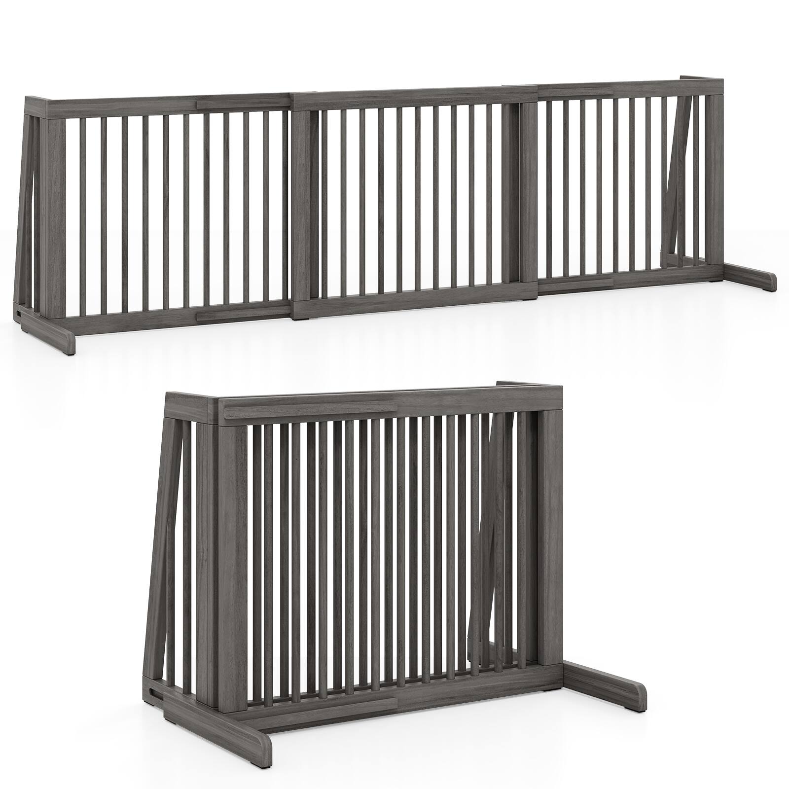 Gymax - Folding Adjustable Free Standing 3 Panel Wood Pet Dog Slide Gate Safety Fence - Gray