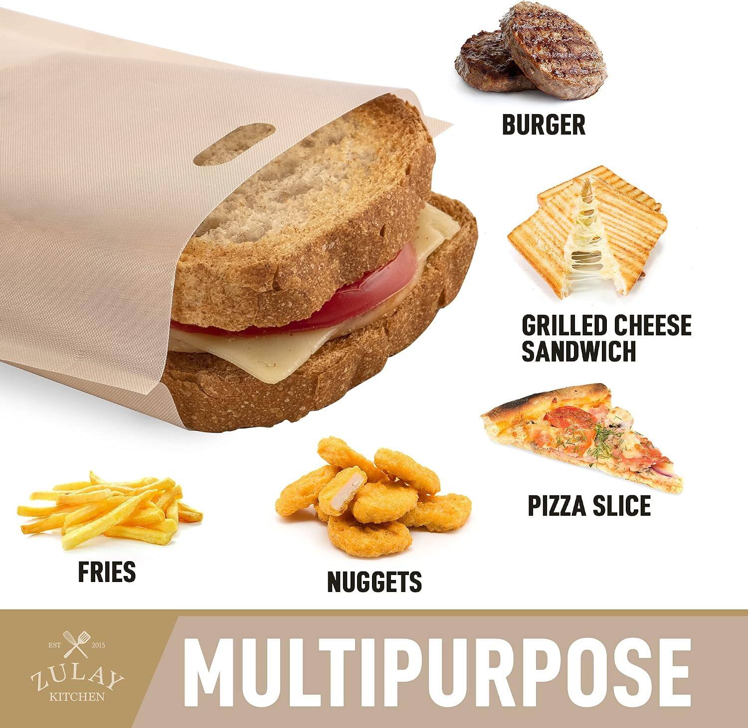 BURGER  
GRILLED CHEESE SANDWICH  
PIZZA SLICE  
FRIES  
NUGGETS  
EST 2015  
ZULAY KITCHEN  
MULTIPURPOSE