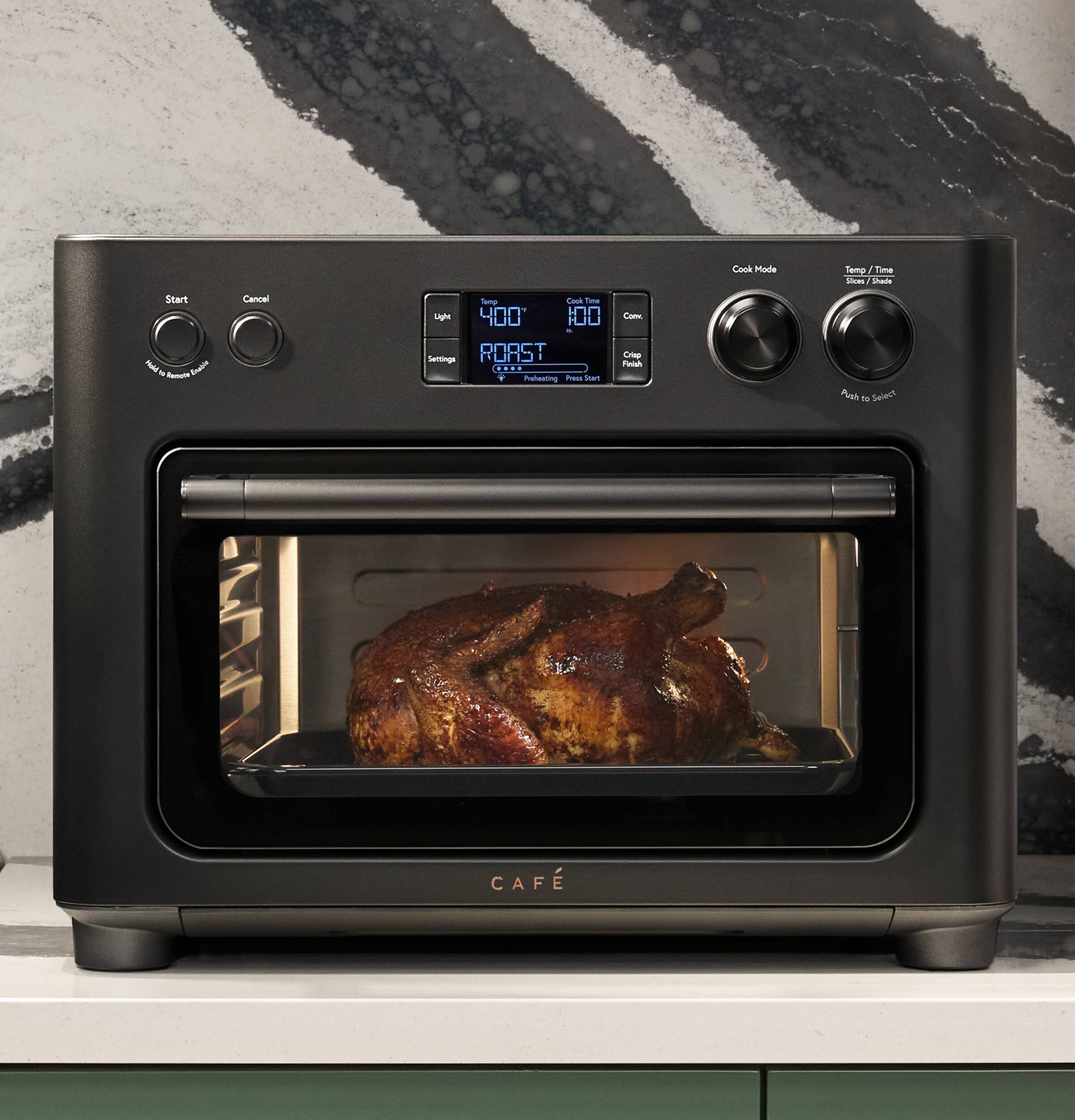 Cook Mode  
Temp / Time  
Sticks / Shade  

Start  
Hold a Remote  
Cancel  

Temp Cask  
Time Light 400 100  
Settings ROAST  
Preheating  
Press Start  

Com Crisp Finish  
Push to Select  

CAFÉ