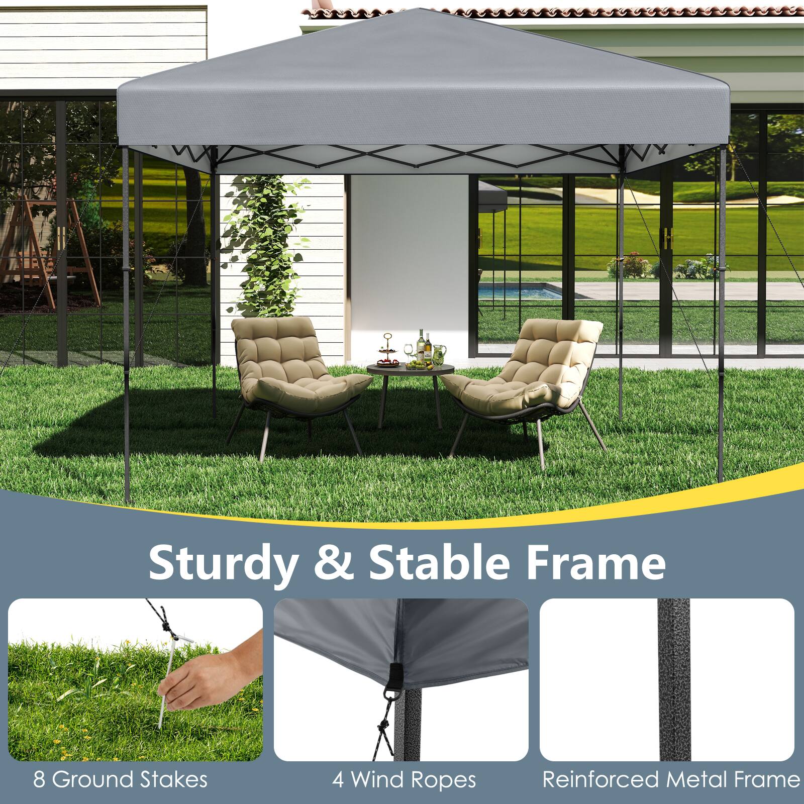 Sturdy & Stable Frame

8 Ground Stakes

4 Wind Ropes

Reinforced Metal Frame