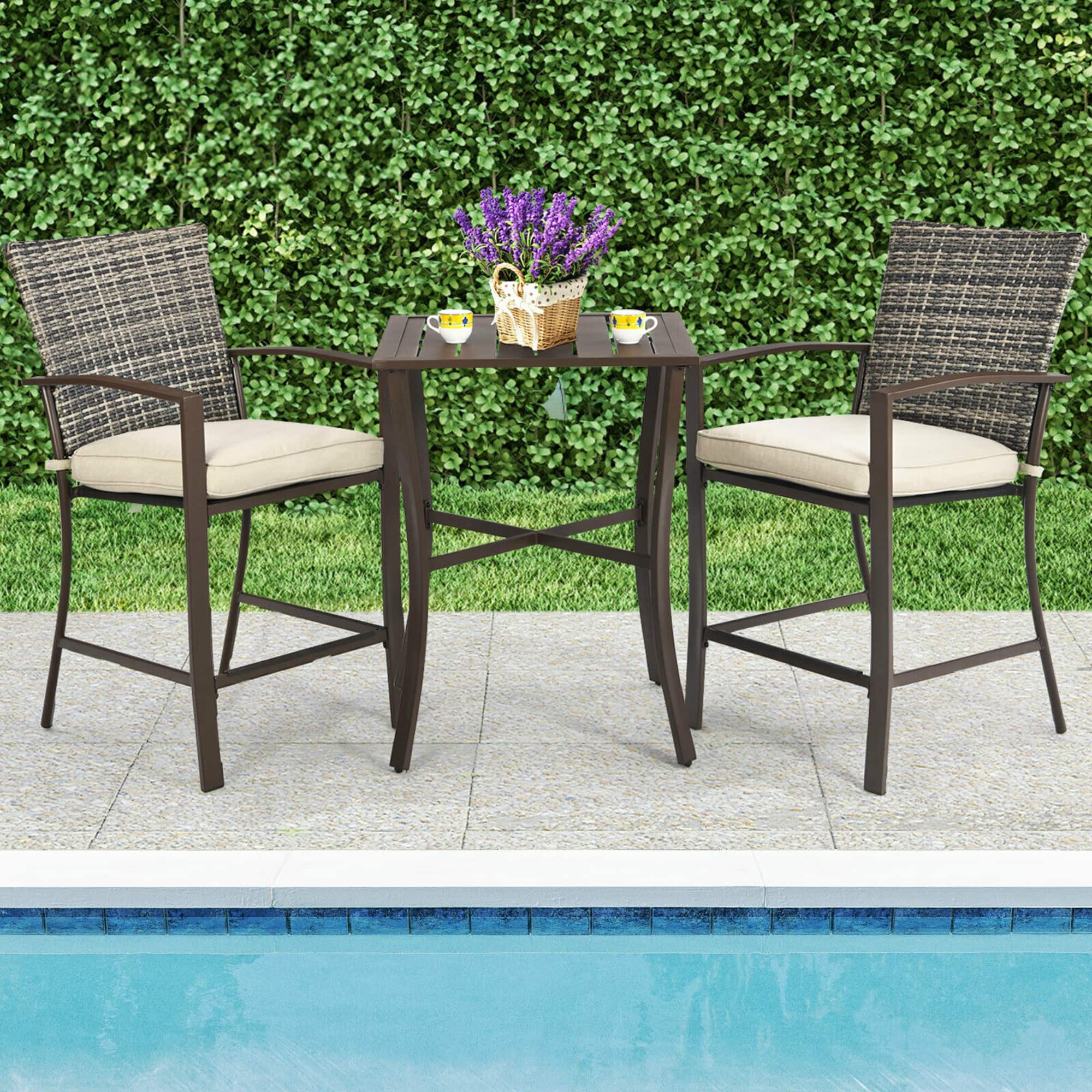 Gymax - 3PCS Patio Bar Set Outdoor Conversation Furniture Set w/ Cushions - Brown