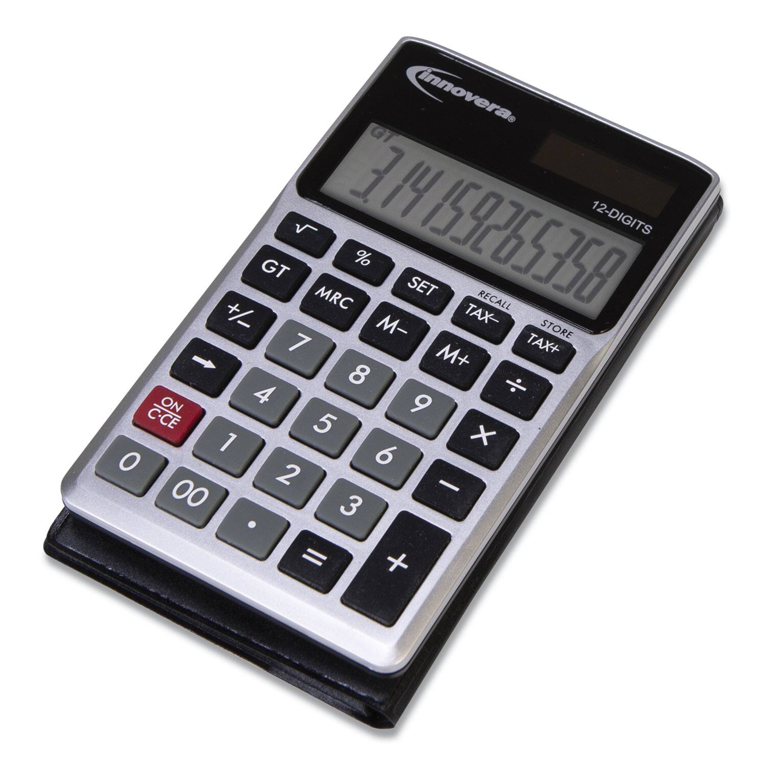 Innovera  
12-DIGITS  
314159265358  
GT % MRC SET RECALL +/ M- TAX- STORE 7 M+ TAX+ 8 ON 4 9 C-CE 5 1 x O 6 2 - 00 3 . = +