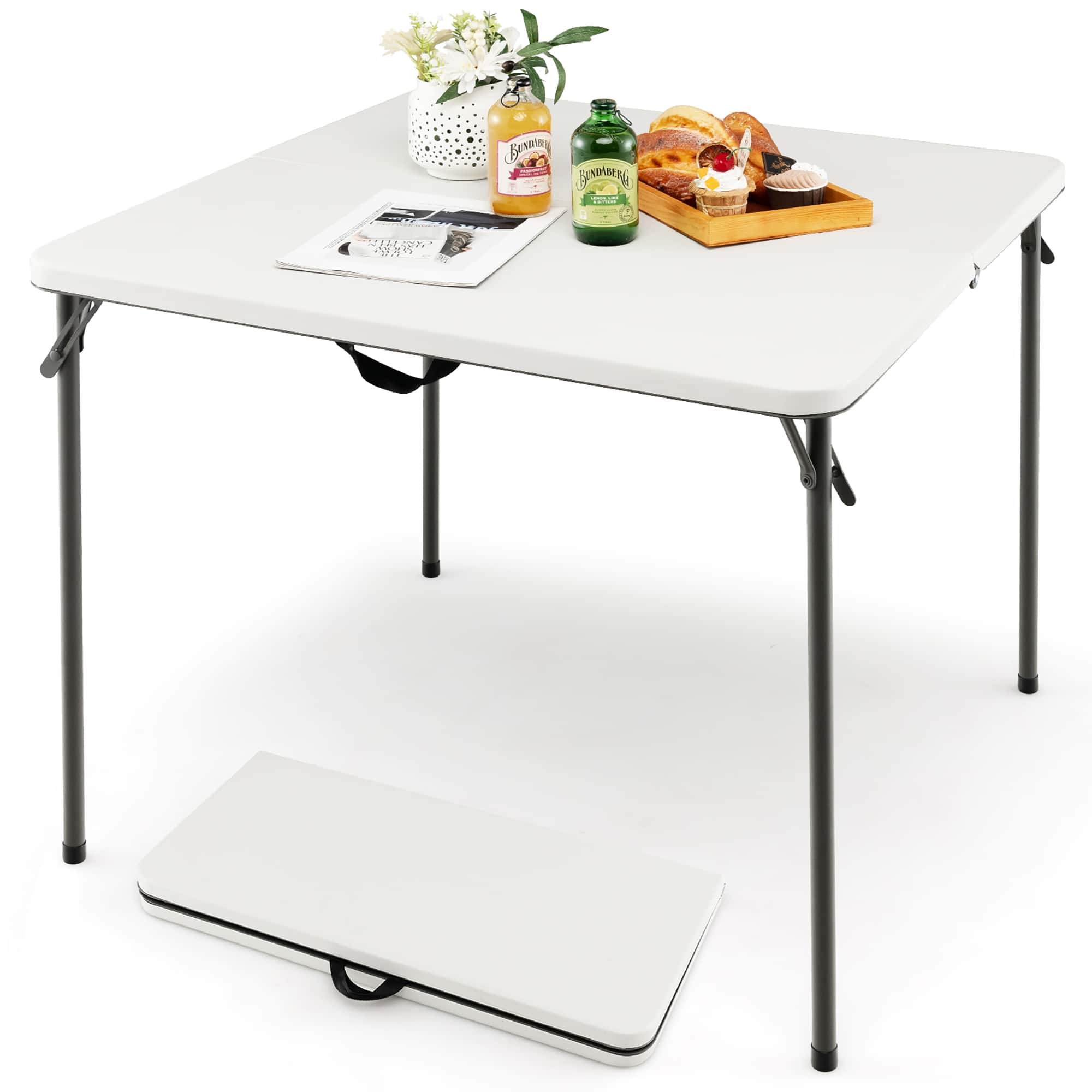 Costway - Folding Camping Table Portable HDPE Outdoor Picnic Dining Table w/ Handle - White