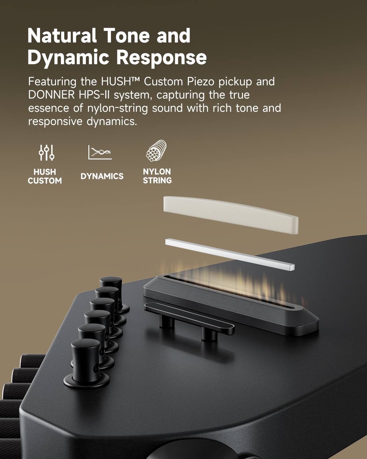 Natural Tone and Dynamic Response

Featuring the HUSH Custom Piezo pickup and DONNER HPS-II system, capturing the true essence of nylon-string sound with rich tone and responsive dynamics.

HUSH CUSTOM
DYNAMICS
NYLON STRING