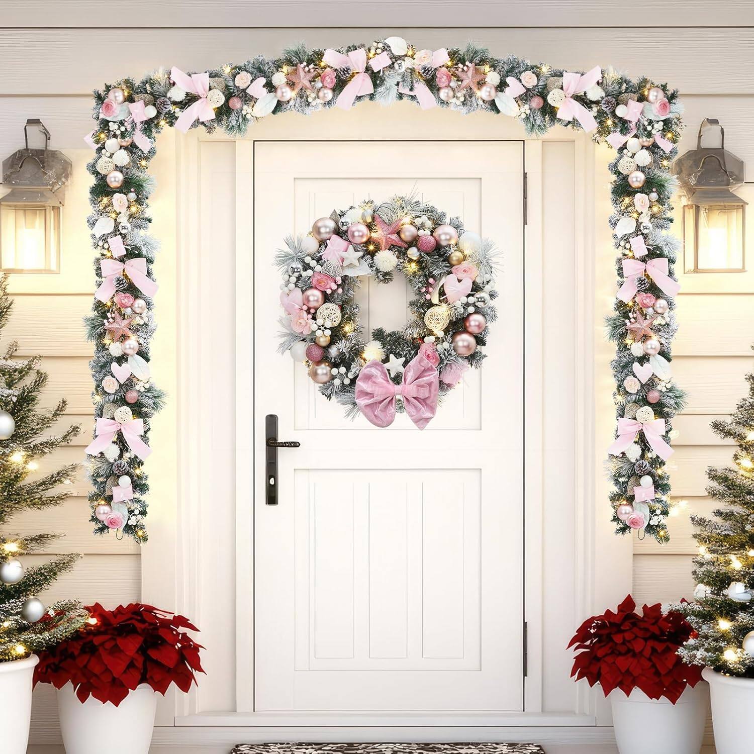 Alt View 5. GARVEE - 24 Inch Pink Christmas Wreath with 20 LED Lights, Ribbon Bow, Berries, Ornaments, for Front Door Fireplace Window Wall - Green.