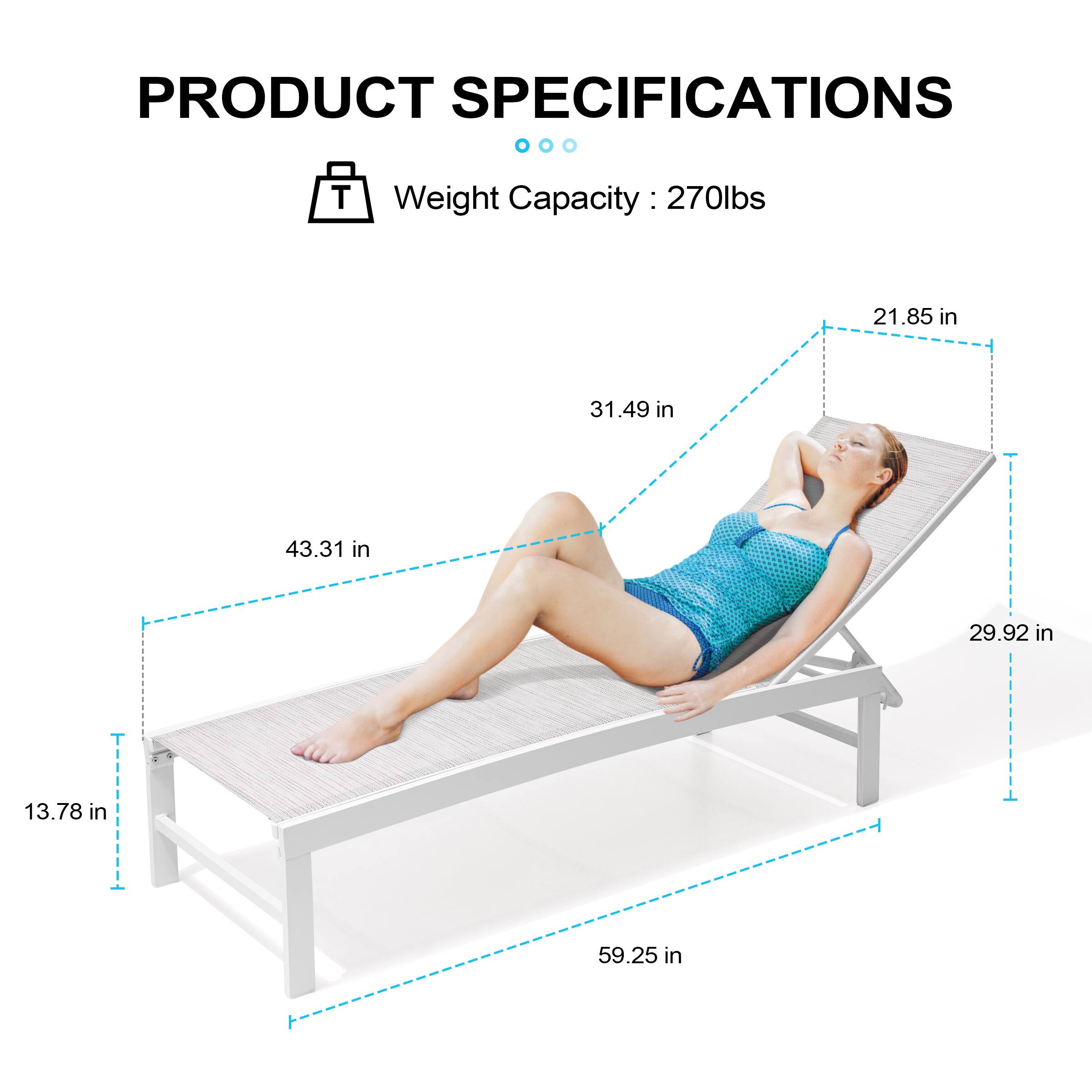 PRODUCT SPECIFICATIONS

Weight Capacity: 270lbs

- 21.85 in
- 31.49 in
- 43.31 in
- 29.92 in
- 13.78 in
- 59.25 in