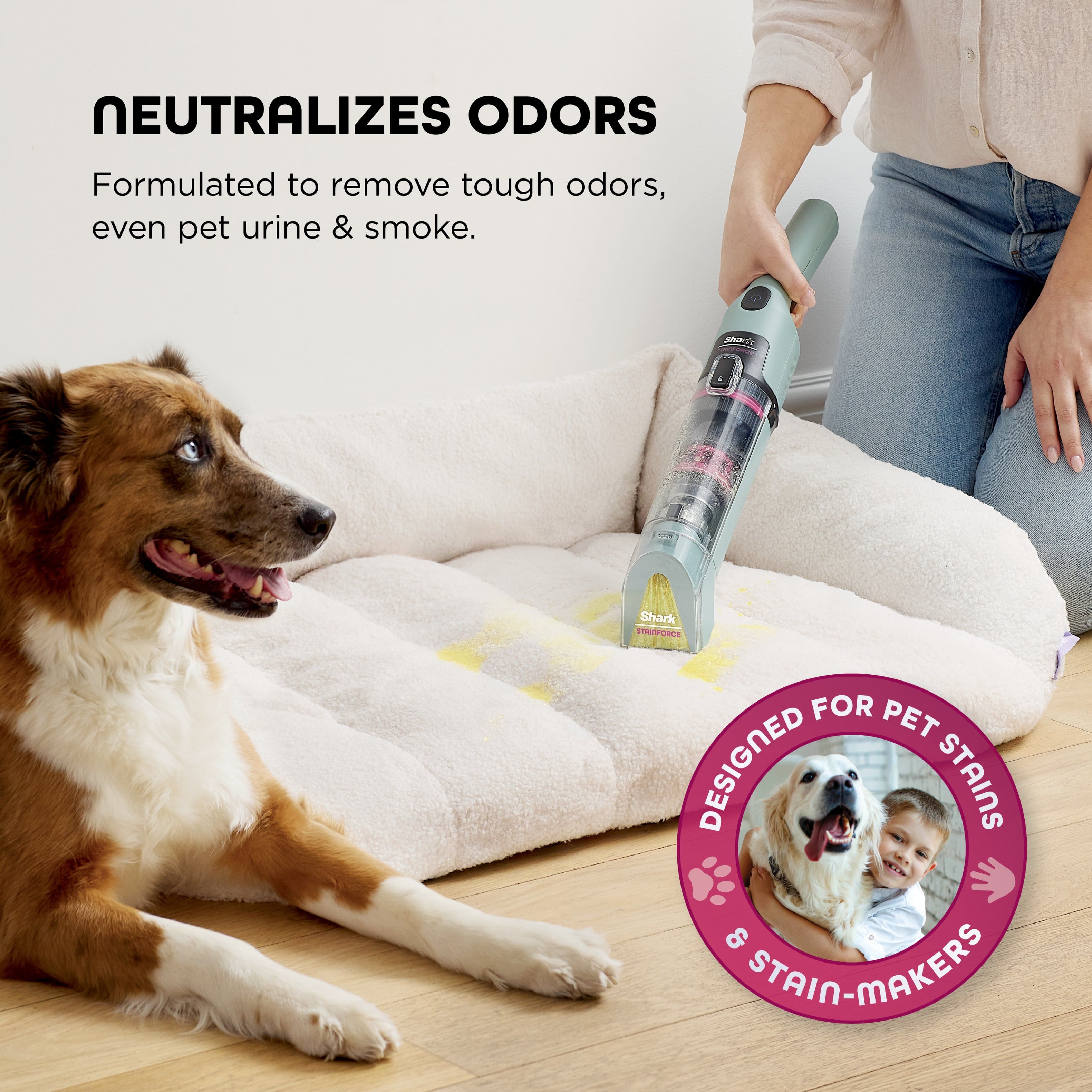 NEUTRALIZES ODORS
Formulated to remove tough odors, even pet urine & smoke.
DESIGNED FOR PET STAINS & STAIN-MAKERS