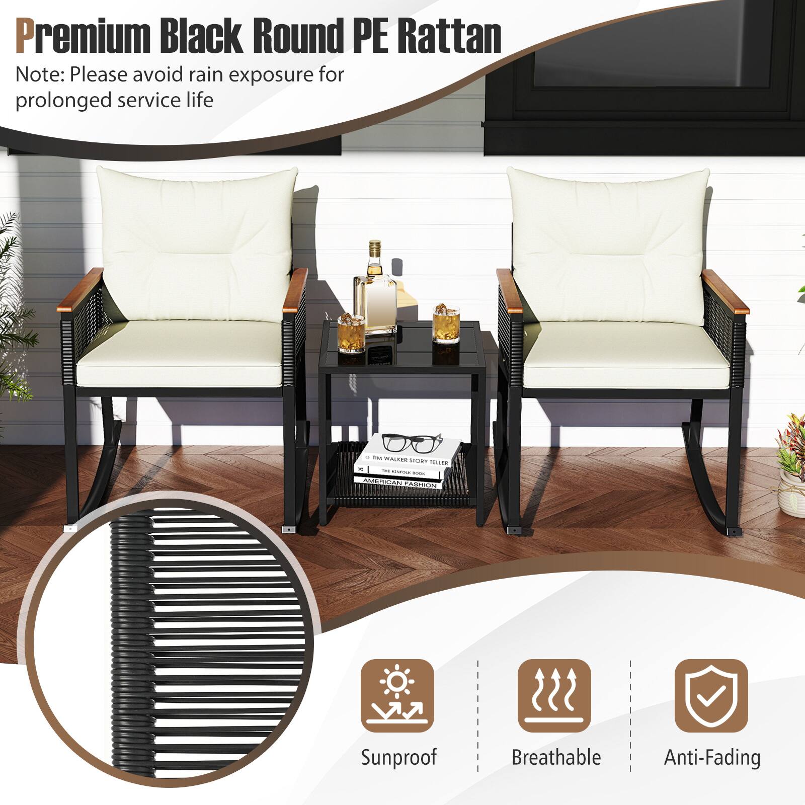 Premium Black Round PE Rattan

Note: Please avoid rain exposure for prolonged service life

Sunproof  
Breathable  
Anti-Fading