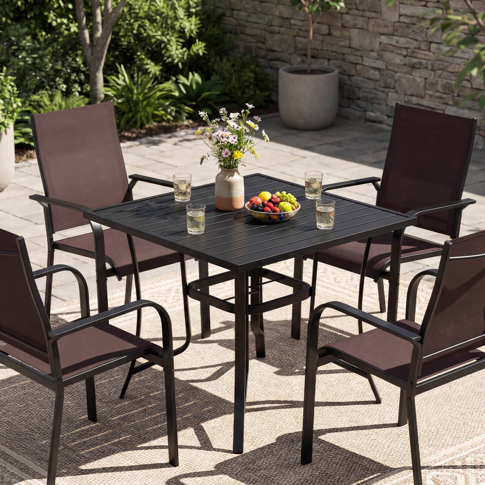 Alt View 4. Costway - Costway 5 PCS Patio Furniture Dining Set, Outdoor Square Table & Stackable Chairs with Umbrella Hole - Black,Coffee.