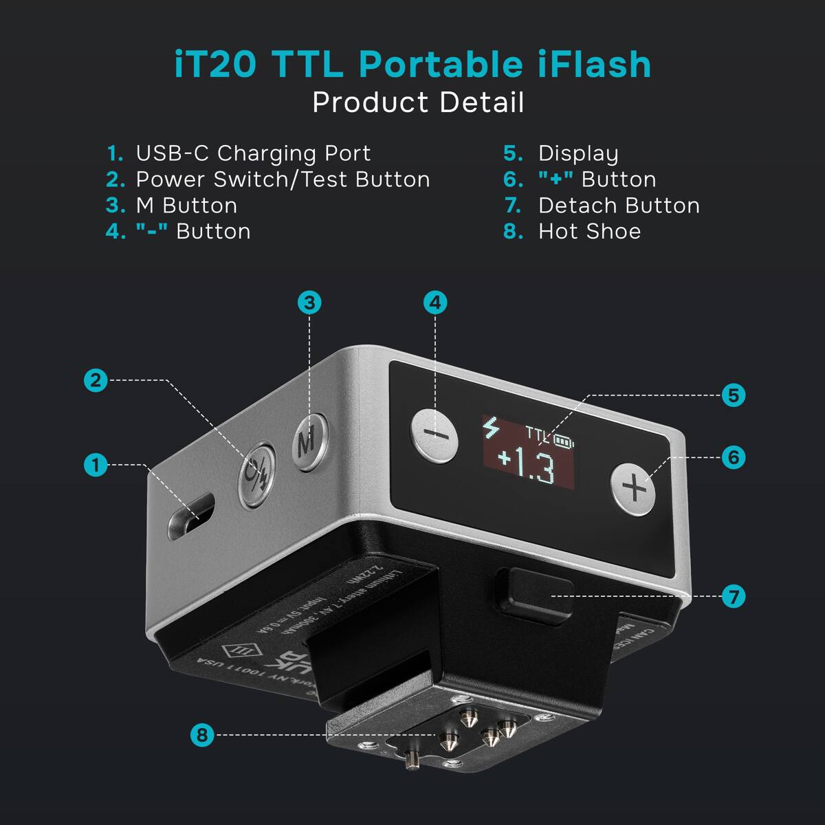 iT20 TTL Portable iFlash Product Detail

1. USB-C Charging Port
2. Power Switch/Test Button
3. M Button
4. "-" Button
5. Display
6. "+" Button
7. Detach Button
8. Hot Shoe

22Wh Lithium Input: 7 attery, 5V AN 0 il 300mAh 6A USA UK 10011 NY York, Ma CAN ICES