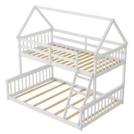 Pefilos - Twin Over Full Bunk Bed with Ladder and Guardrails, House Twin Bunk Beds, Bed Frame - White