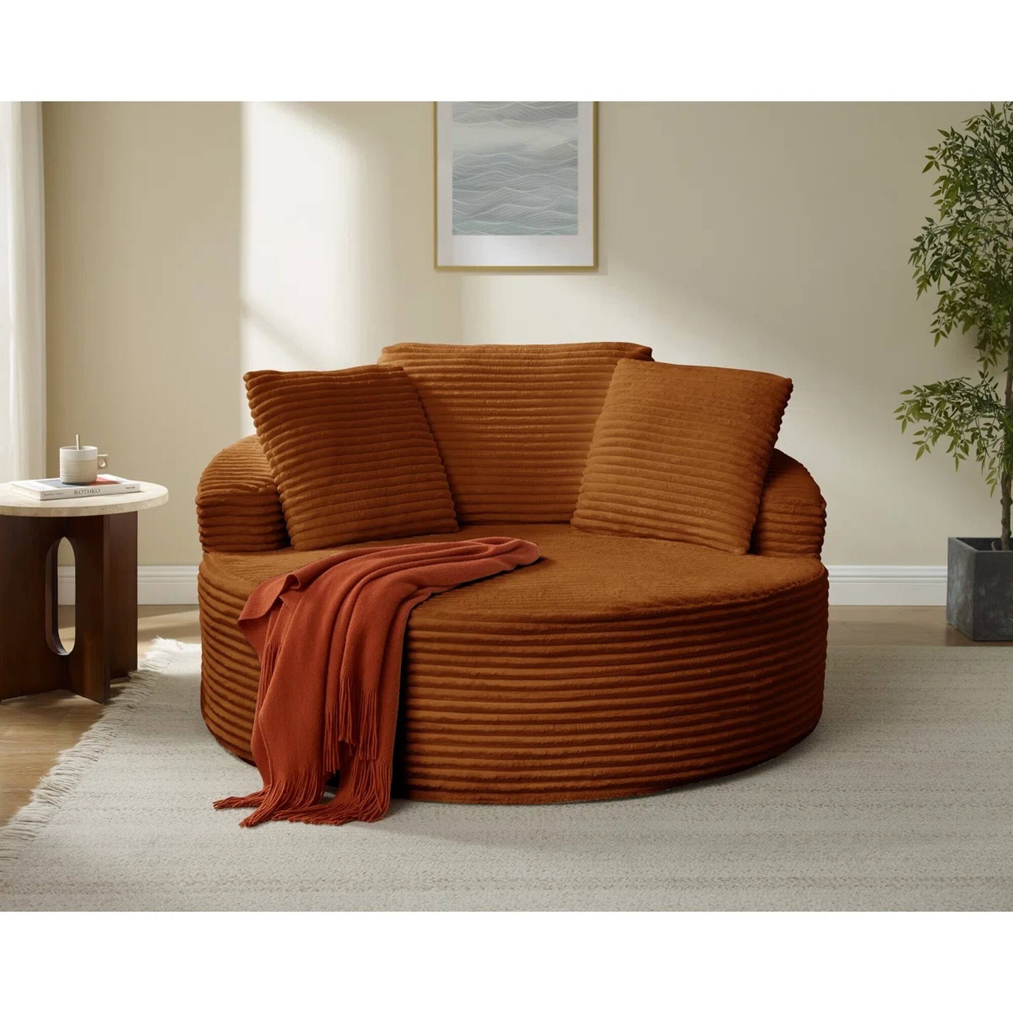 Angle. Yardgrace - Oversized 55.1" Round Corduroy Chaise Lounge – Deep Seat Cloud Sofa, No Assembly Needed - Orange.