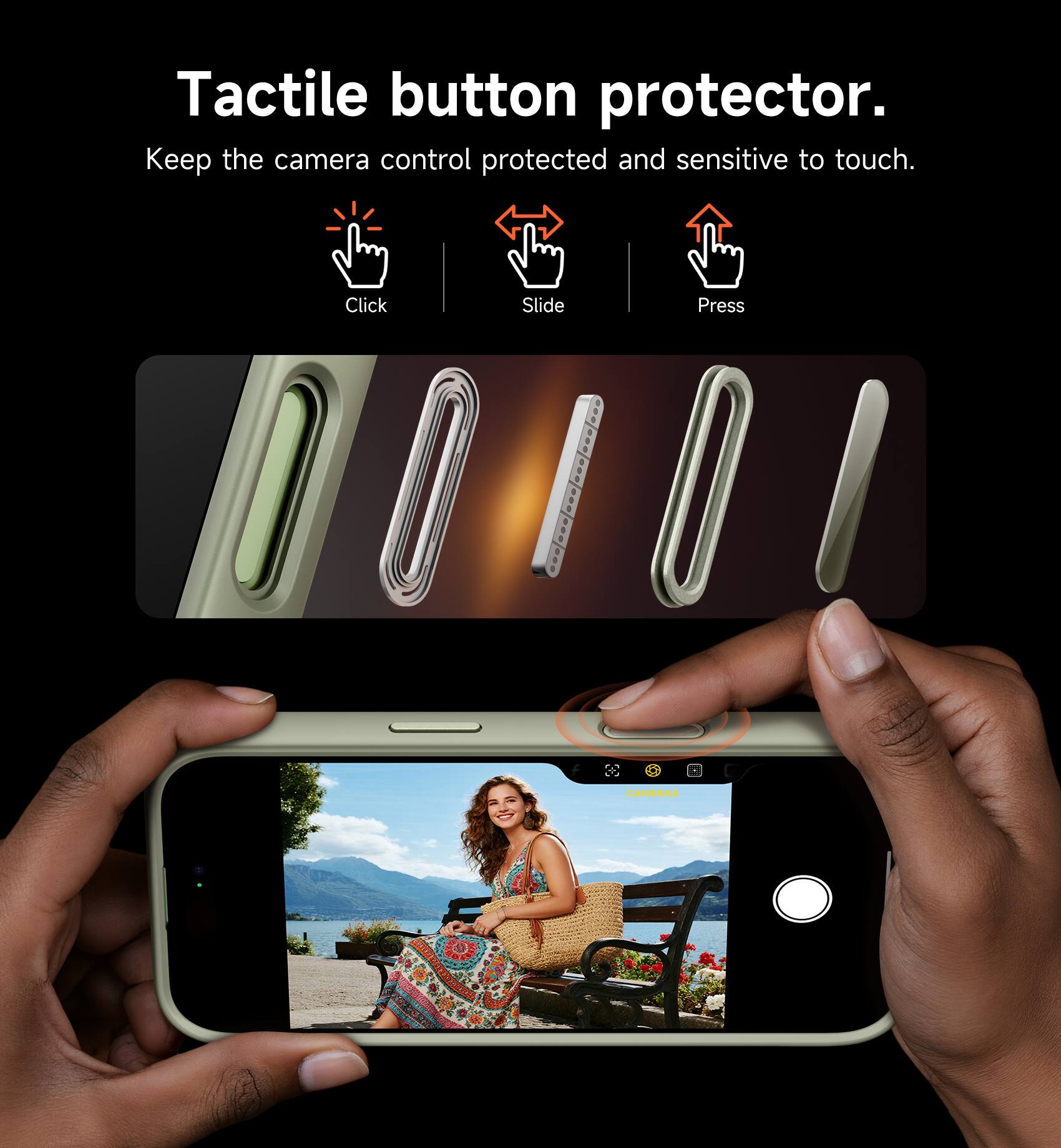 Tactile button protector.  
Keep the camera control protected and sensitive to touch.  
Click Slide Press  
CAMERAS