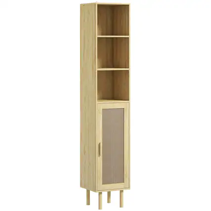 Front. Homcom - Narrow Bathroom Cabinet with Rattan Doors, Tall Storage with Open Shelves and Adjustable Shelves - Oak.