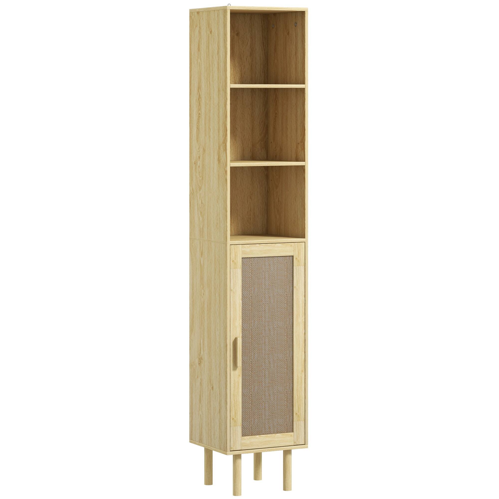 Homcom - Narrow Bathroom Cabinet with Rattan Doors, Tall Storage with Open Shelves and Adjustable Shelves - Oak