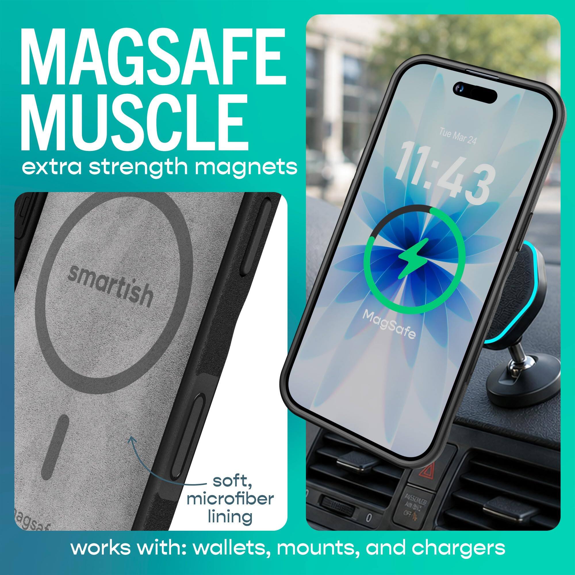 MAGSAFE MUSCLE  
extra strength magnets  

11:43  
smartish  
MagSafe  

soft, microfiber lining  
works with: wallets, mounts, and chargers