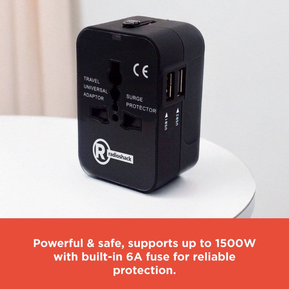 CE TRAVEL UNIVERSAL ADAPTOR SURGE PROTECTOR USB1 R radioshack USB2 Powerful & safe, supports up to 1500W with built-in 6A fuse for reliable protection.