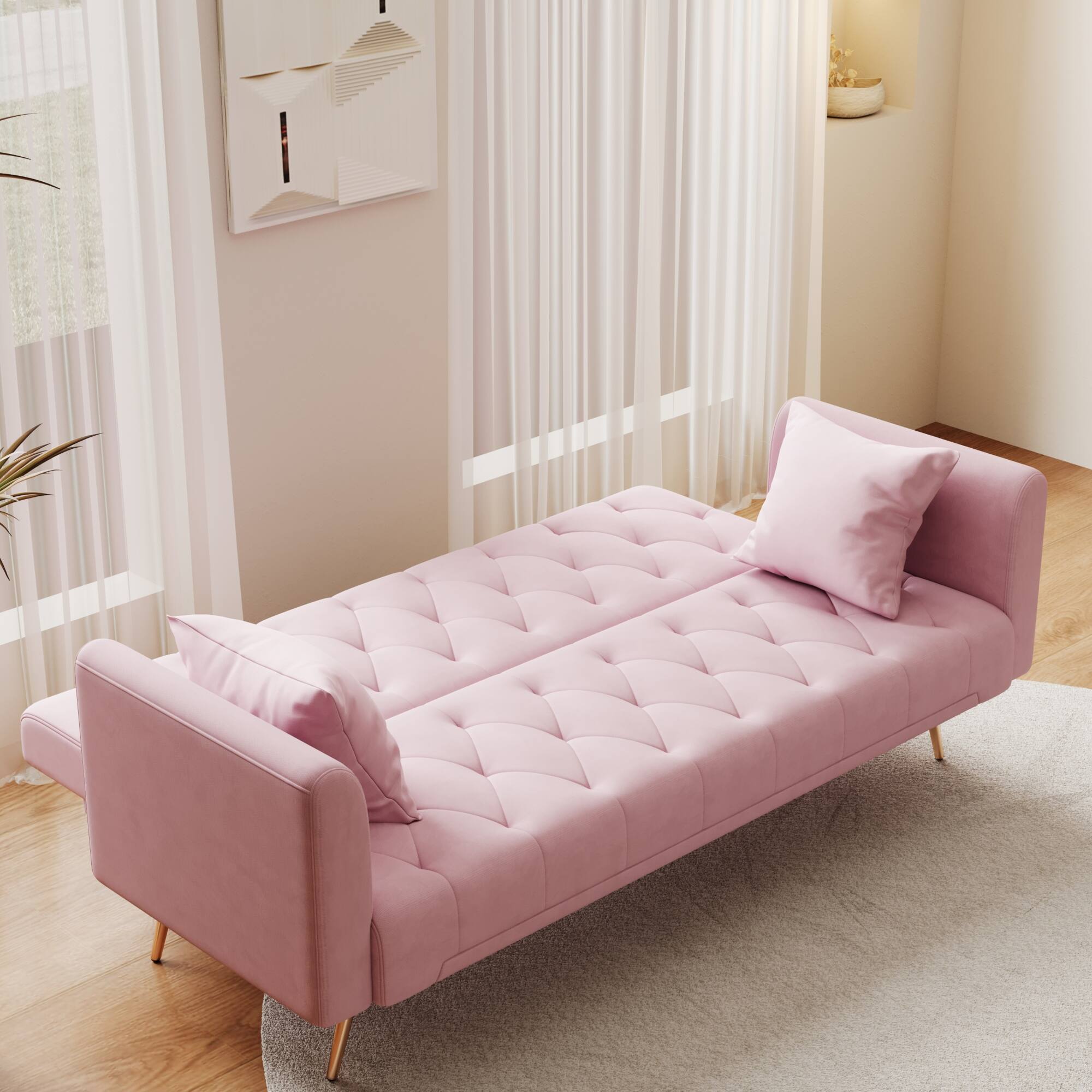 Alt View 5. GOODSILO - Convertible Velvet Sofa Bed with Adjustable Backrest for Small Spaces, Living Room and Office Use - Pink.