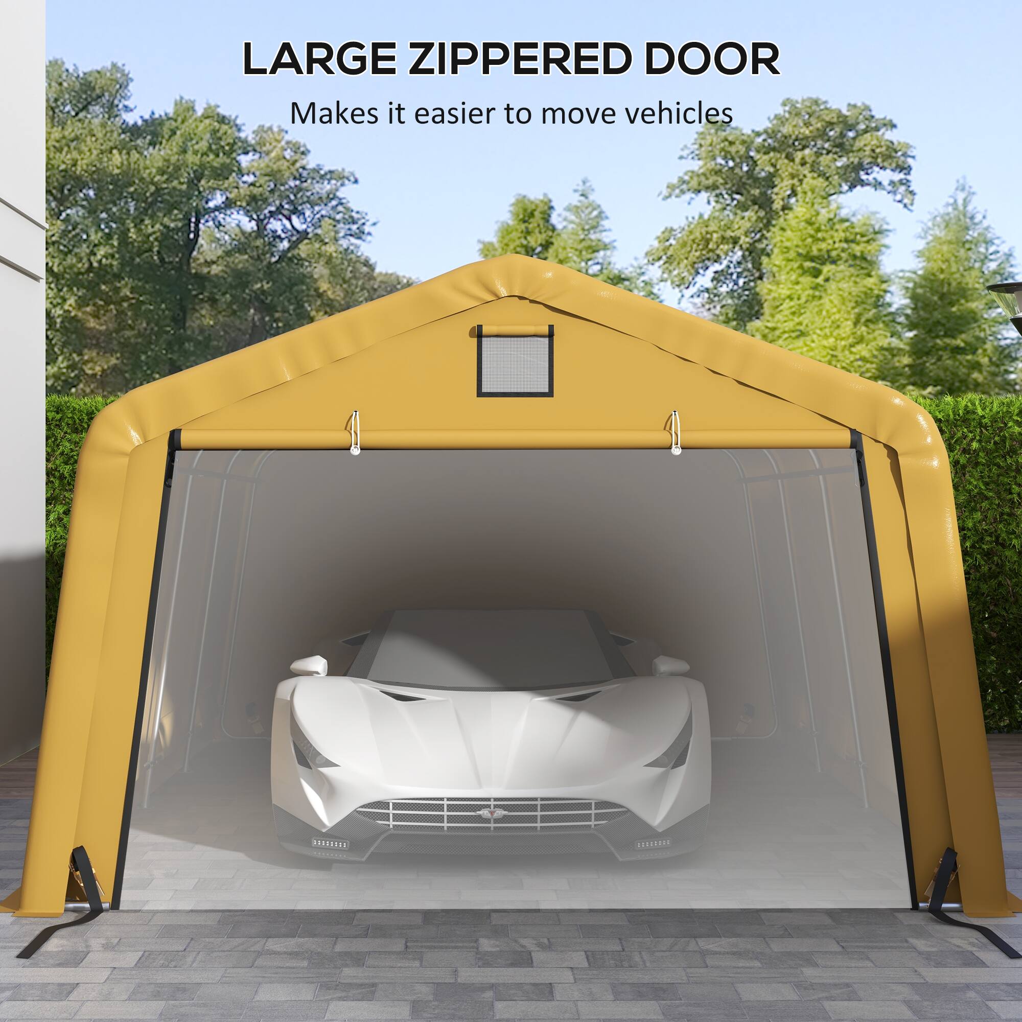 LARGE ZIPPERED DOOR Makes it easier to move vehicles