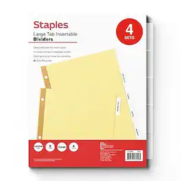 Staples - Large Tab Insertable Paper Dividers, 5-Tabs, 4 Sets - Clear