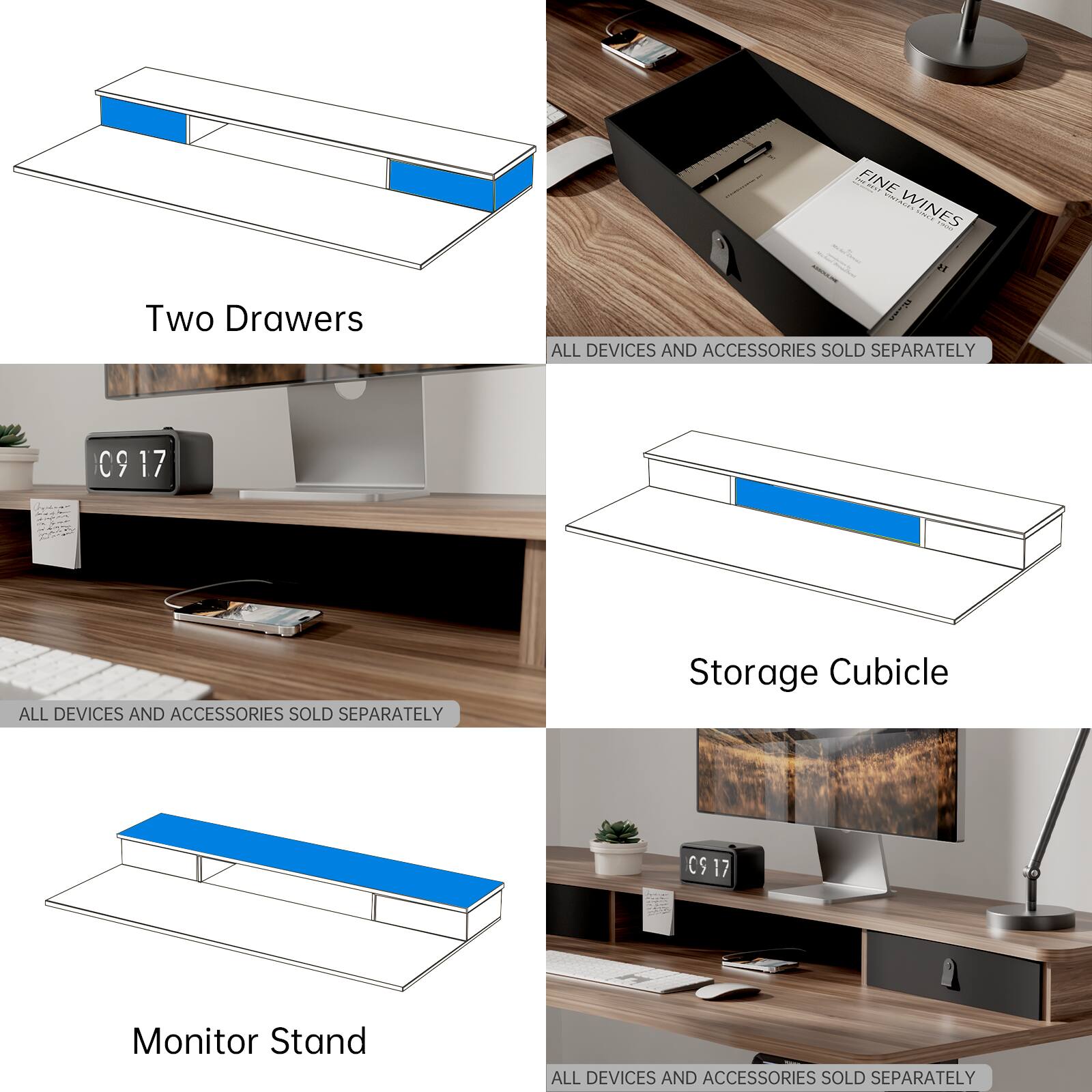 The text on the image is grouped and corrected as follows:

1. Two Drawers: All devices and accessories sold separately.
2. Storage Cubicle: All devices and accessories sold separately.
3. Monitor Stand: All devices and accessories sold separately.
