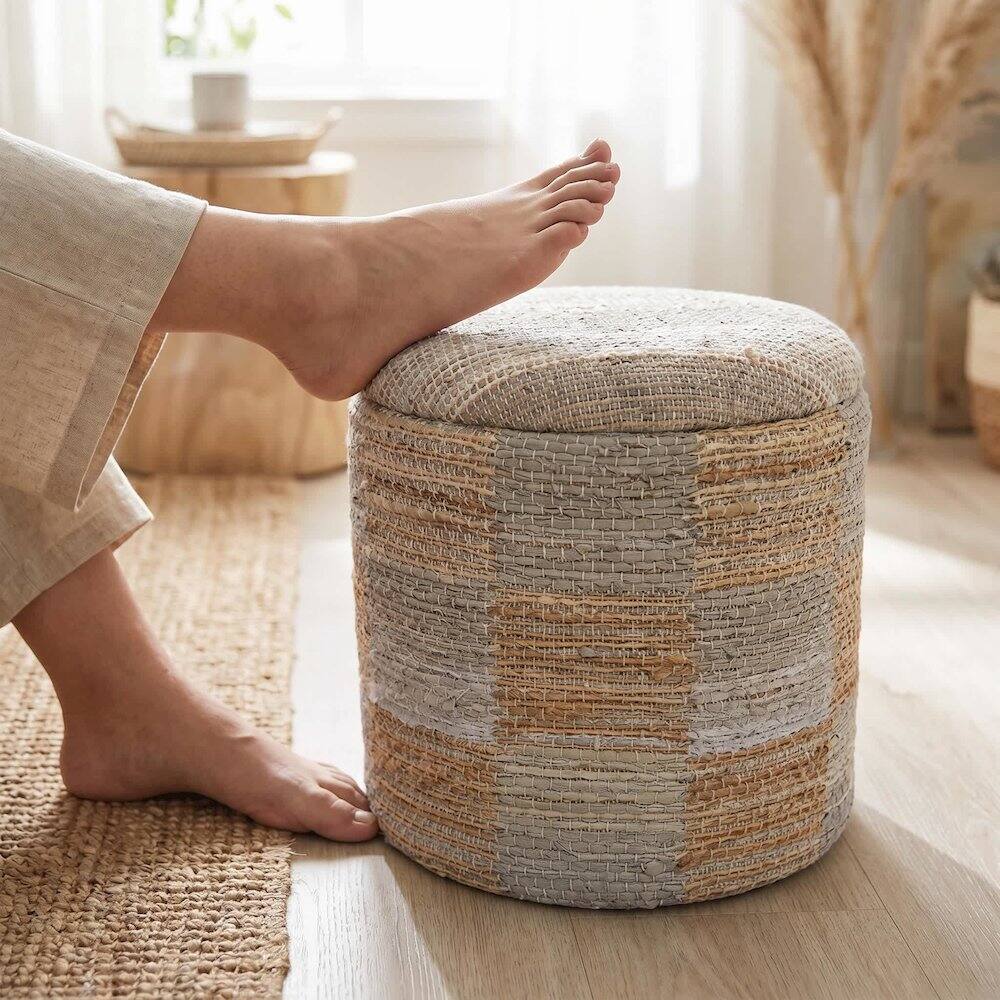 Alt View 4. Carolina Chair & Table - Handwoven Fabric Storage Ottoman - Multi-Purpose Foot Rest Yellow - Yellow.
