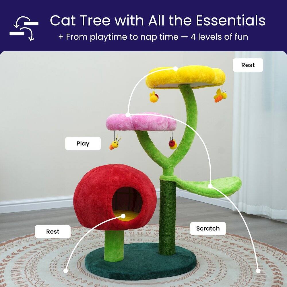 Cat Tree with All the Essentials  
+ From playtime to nap time – 4 levels of fun  

- Play  
- Rest  
- Scratch  
- Rest