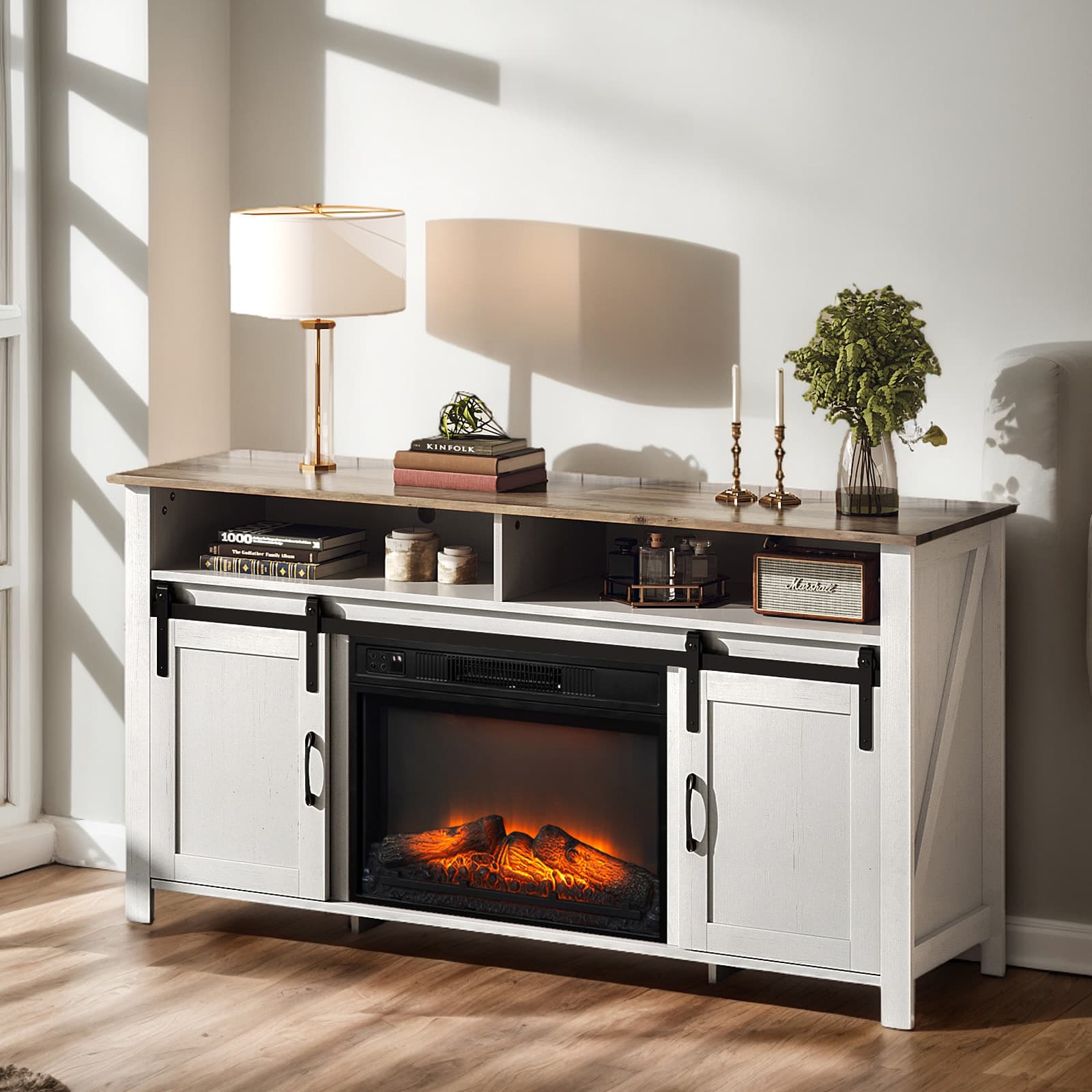 Chateau Abodes - 58" Fireplace TV Stand with 23" Insert, Brown Barn Door Top & Sliding Track - White