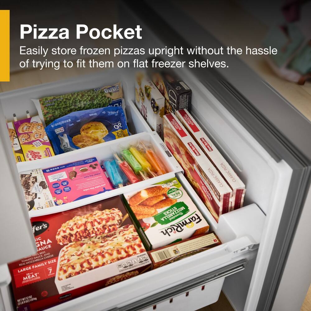 Pizza Pocket  
Easily store frozen pizzas upright without the hassle of trying to fit them on flat freezer shelves.  

RARE  
SOS  
fer's  
IC GNA  
SAUCE  
REAL  
FAMILY  
LARGE  
7  
MEAT  
00DE  
ma  
Sst  
SO  
ICK  
ME  
- - - -  
S  
T  
PIOR  
Por-Gndon  
PIZZA  
PIZZA  
CLASSIC  
CLASSIC  
REAL  
STICKS  
Breaded  
LA  
FarmRich  
NTWTSPOZ