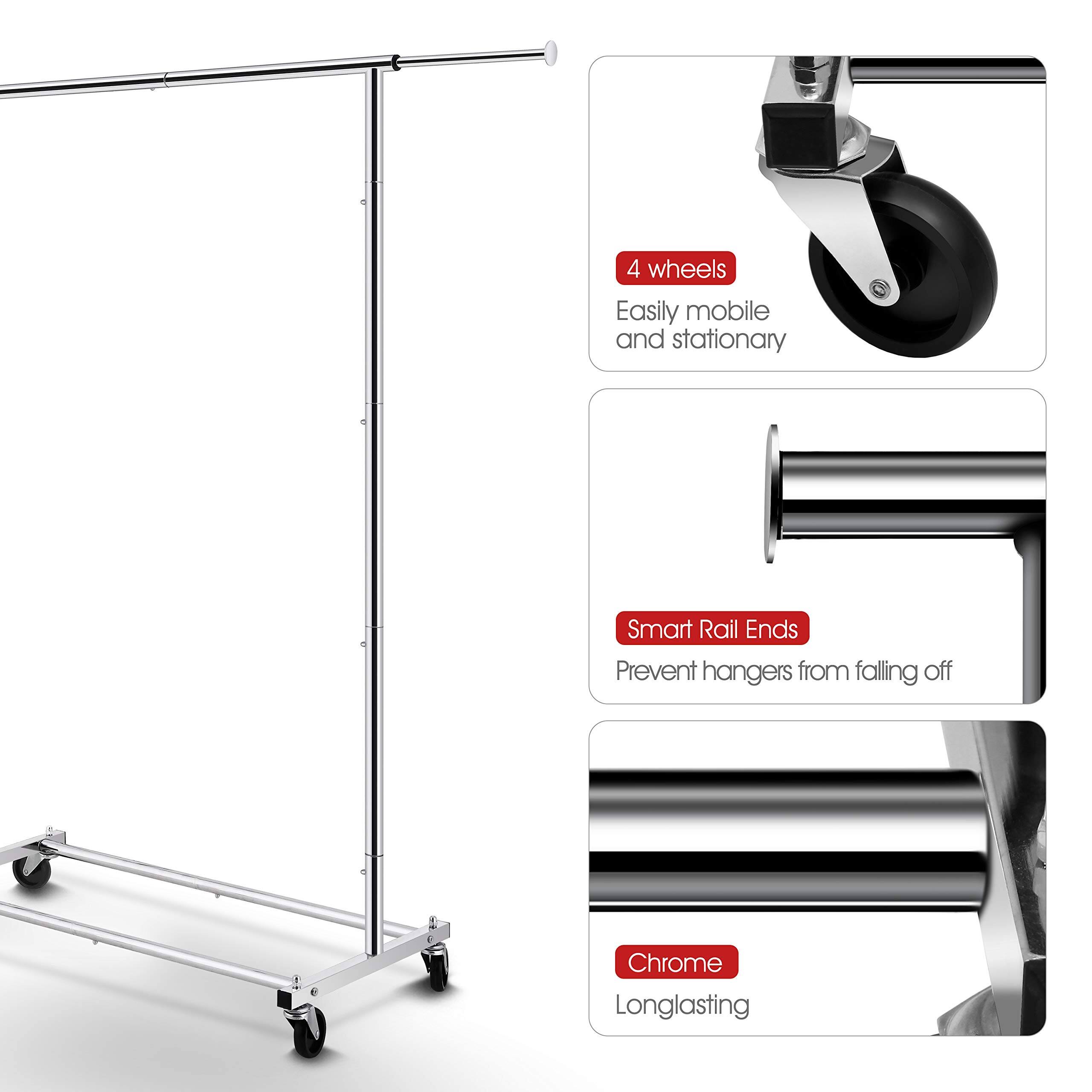 4 wheels  
Easily mobile and stationary  

Smart Rail Ends  
Prevent hangers from falling off  

Chrome  
Longlasting