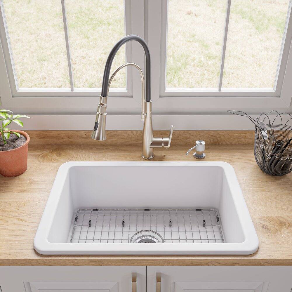 Left. Alfi - White 27" x 18" Fireclay Undermount / Drop In Firelcay Kitchen Sink - White.