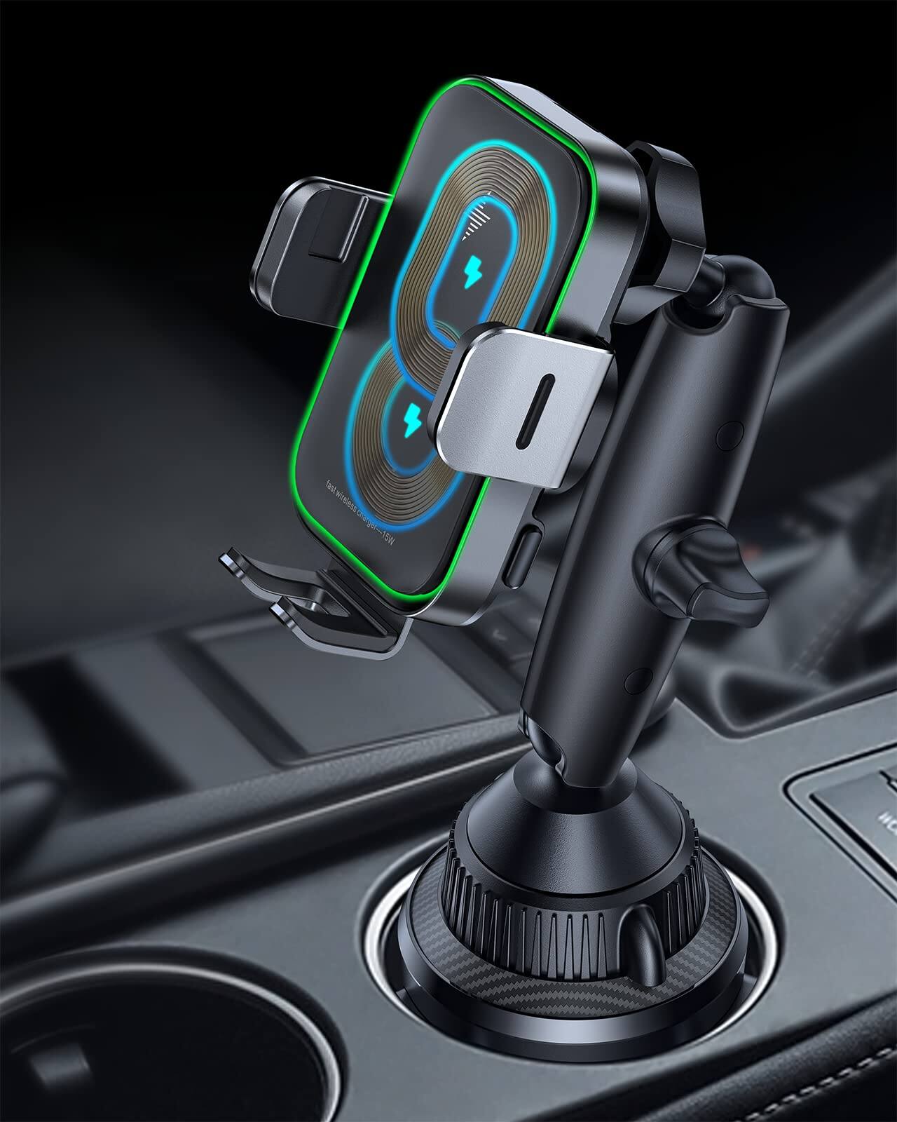 Alt View 5. COTTAGE - Dual Coil Wireless Car Auto Clamping 15w Cup Holder Phone Mount Fast Charge Tri pivots Height Adjustable Tr... - Default.