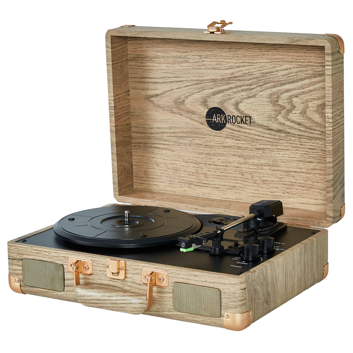 Angle. Arkrocket - Arkrocket Curiosity III Suitcase Bluetooth Record Player Turntable built-in Speakers (Wood Grain) - Wood Grain.