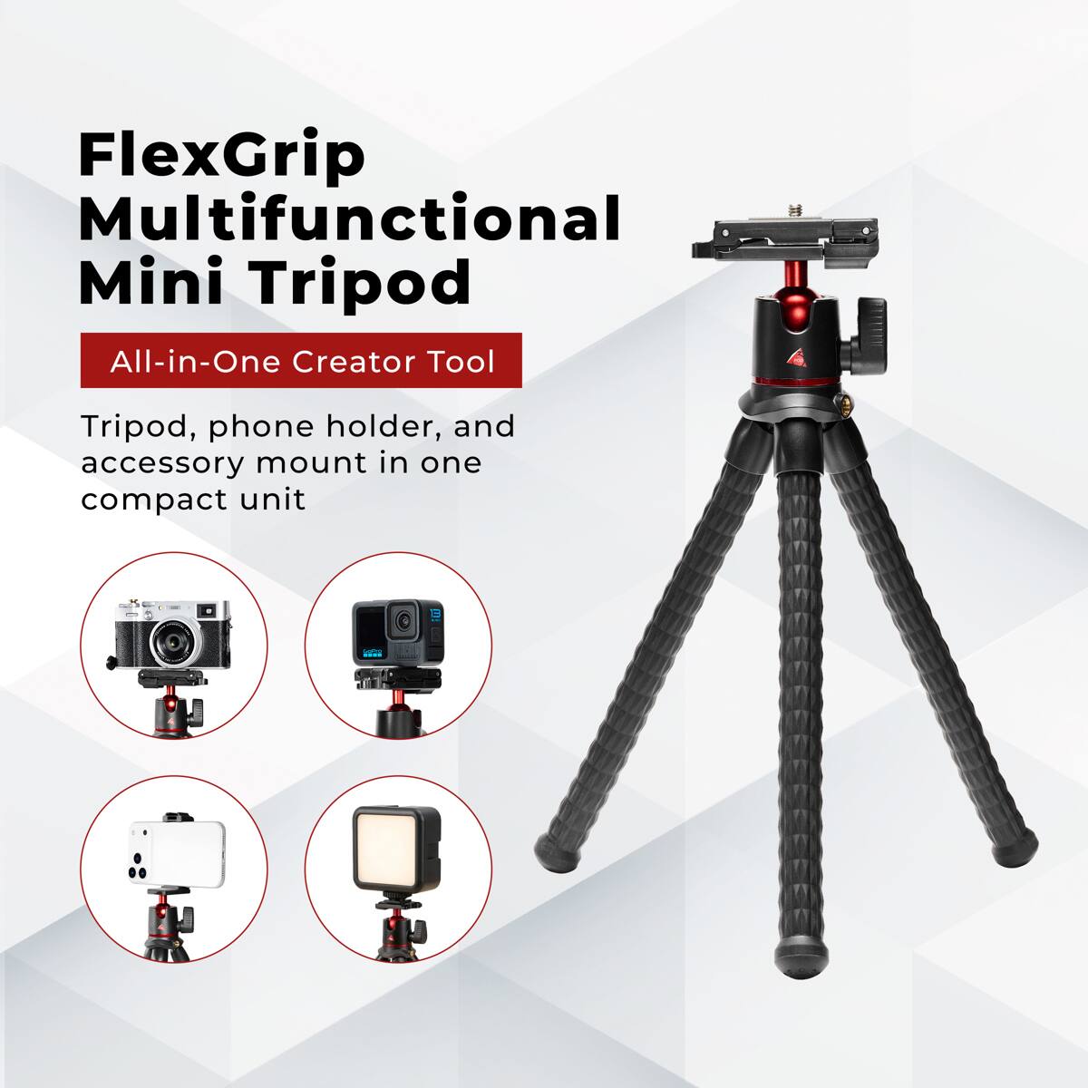 FlexGrip Multifunctional Mini Tripod All-in-One Creator Tool

Tripod, phone holder, and accessory mount in one compact unit