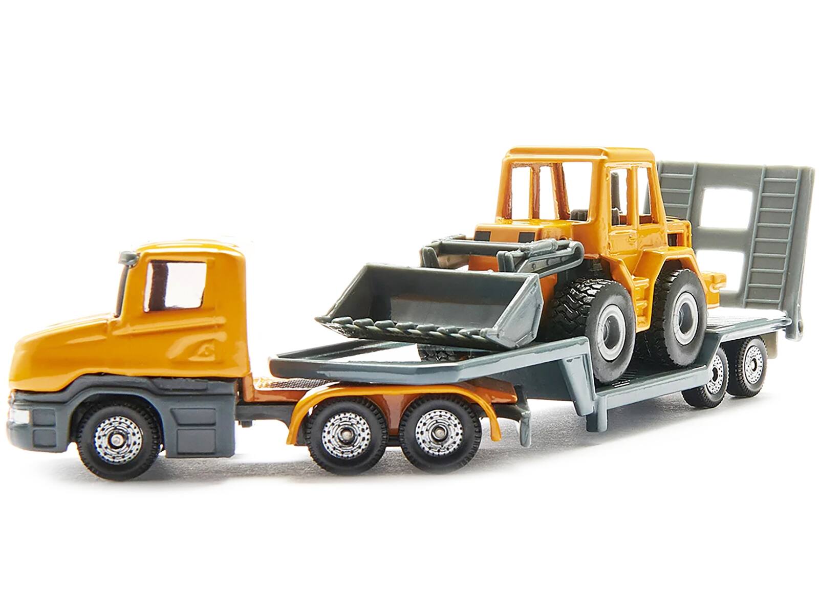 Left. SIKU - Truck with Low Loader Trailer and Front Loader Yellow Diecast Model by Siku - Yellow.
