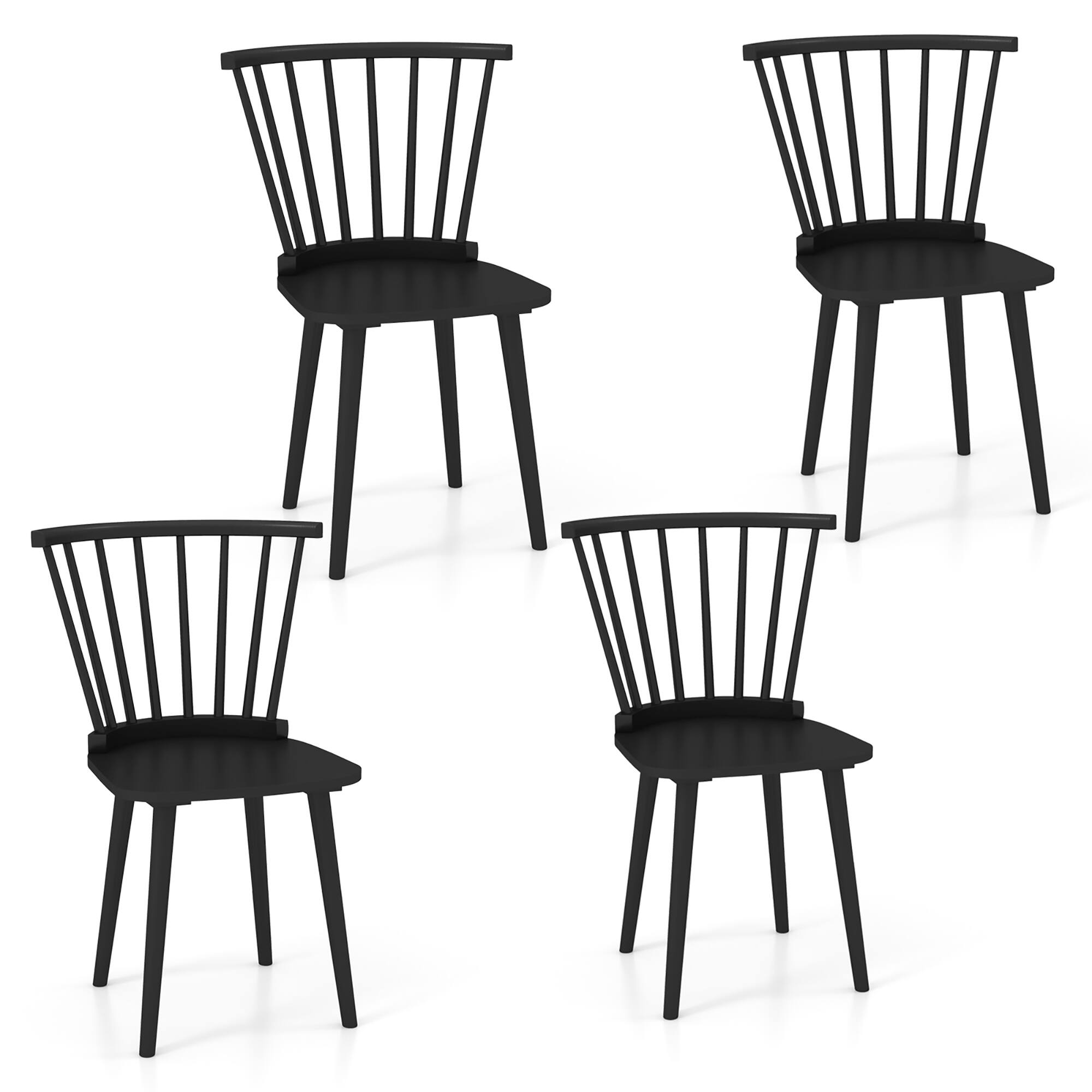 Gymax - 4 PCS Dining Chair Windsor High Spindle Back Wood Kitchen Chairs w/ Rubber Wood Frame - Black