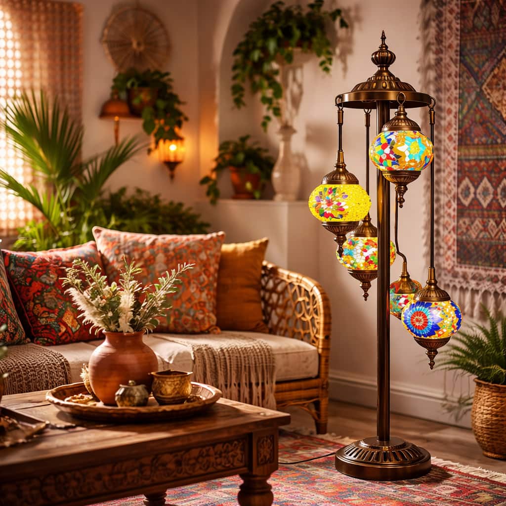 FC Design - 38"H Antique Bronze Spiral 5-Globe Turkish Lamp w/ Mixed Mosaic Styles