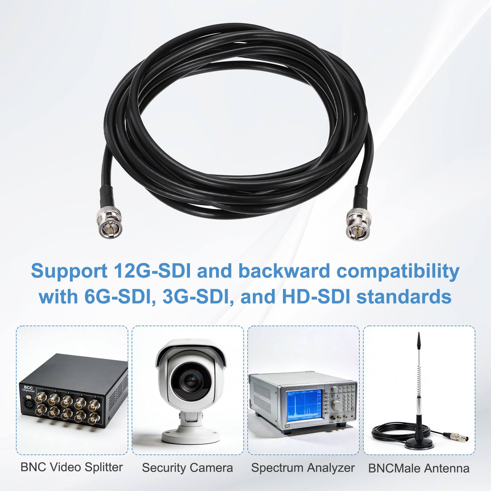 Support 12G-SDI and backward compatibility with 6G-SDI, 3G-SDI, and HD-SDI standards

BNC Video Splitter  
Security Camera  
Spectrum Analyzer  
BNC Male Antenna