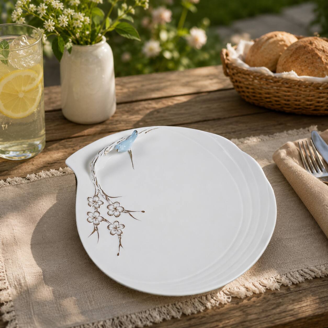 Left. Jiallo - 9.5" Ceramic Plate with Blue Bird and Gold Flowers - Blue.