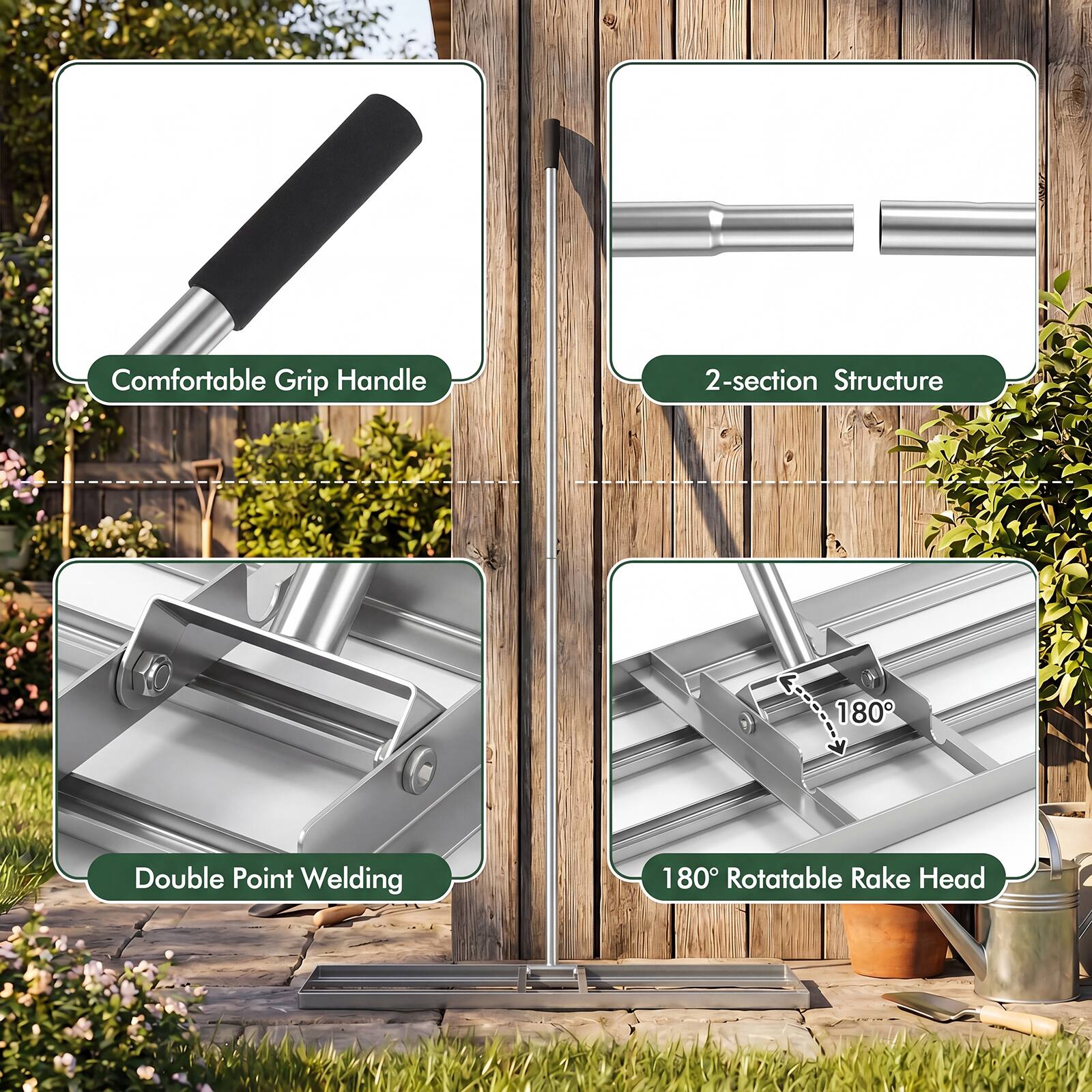 Comfortable Grip Handle  
2-section Structure  
Double Point Welding  
180° Rotatable Rake Head