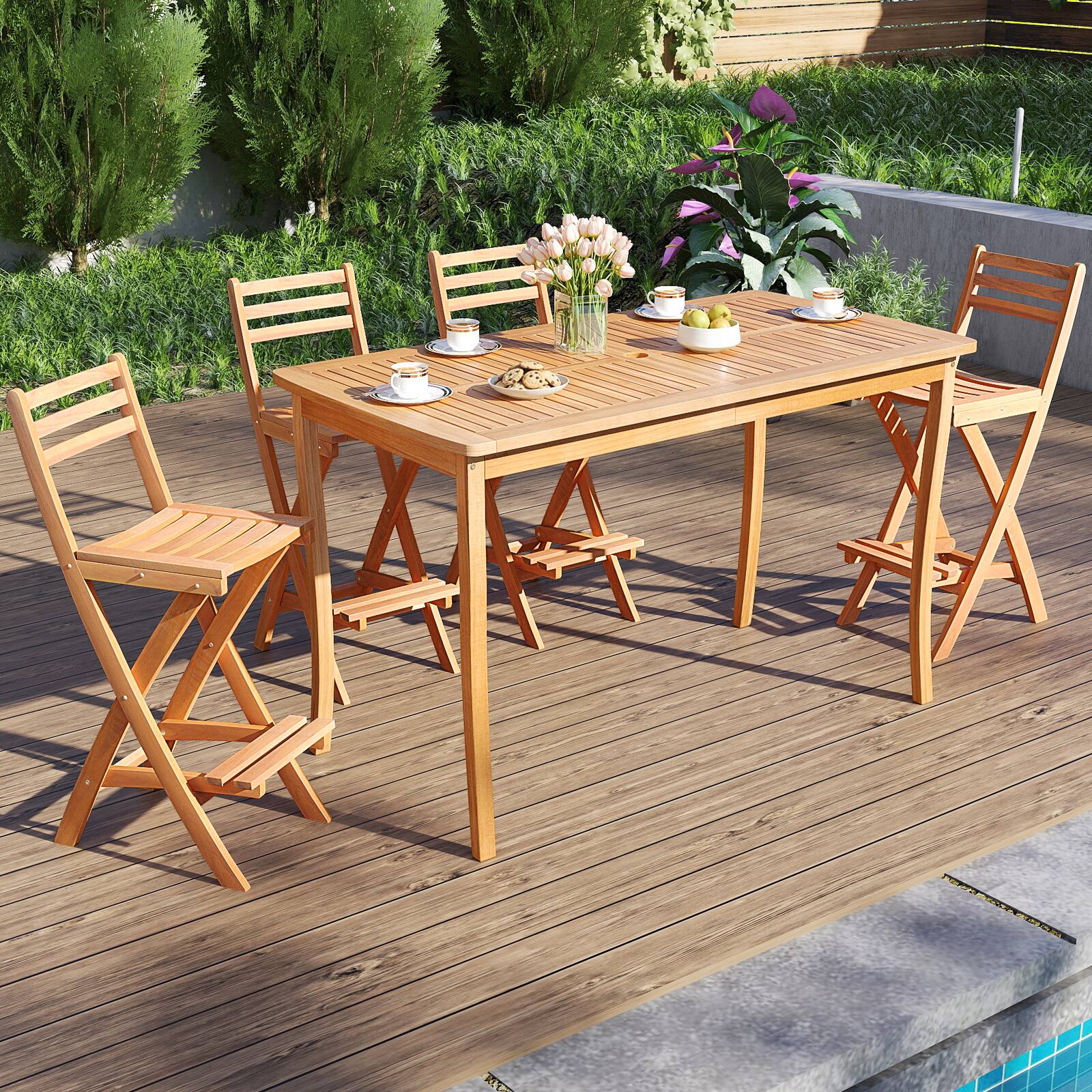 Gymax Outdoor Folding Bar Stools Set of 2 w/Backrest Footrest