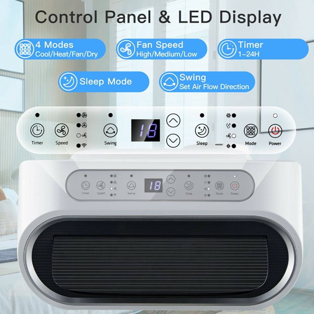 Control Panel & LED Display  
4 Modes: Cool/Heat/Fan/Dry  
Fan Speed: High/Medium/Low  
Timer: 1-24H  
Sleep Mode  
Swing: Set Air Flow Direction  
Timer Speed Swing Sleep Mode Power  
Swing 18  
Sleep Mode Power