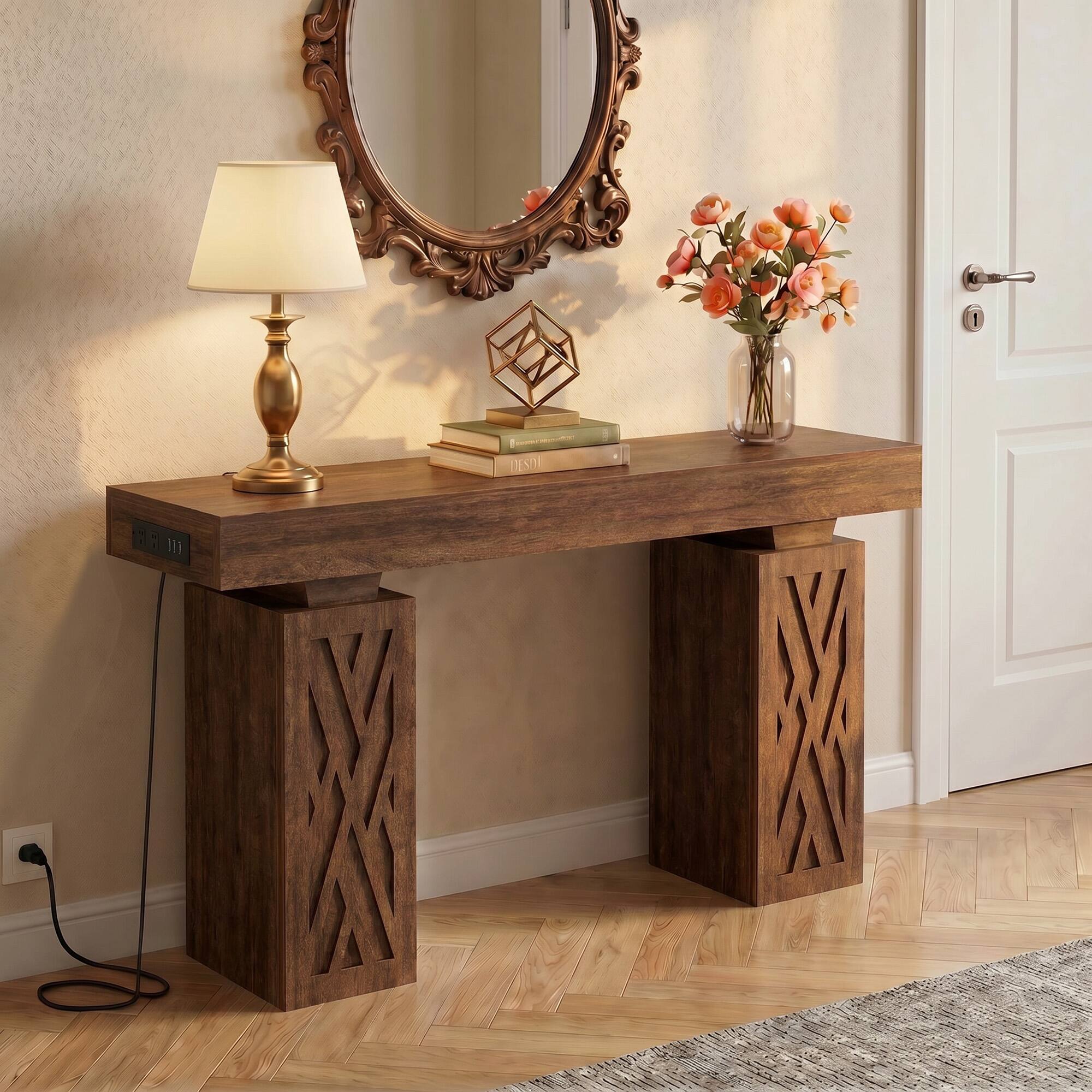 Aheaplus - 63'' Farmhouse Console Table with Charging Station and LED Lights - Cracked Oak