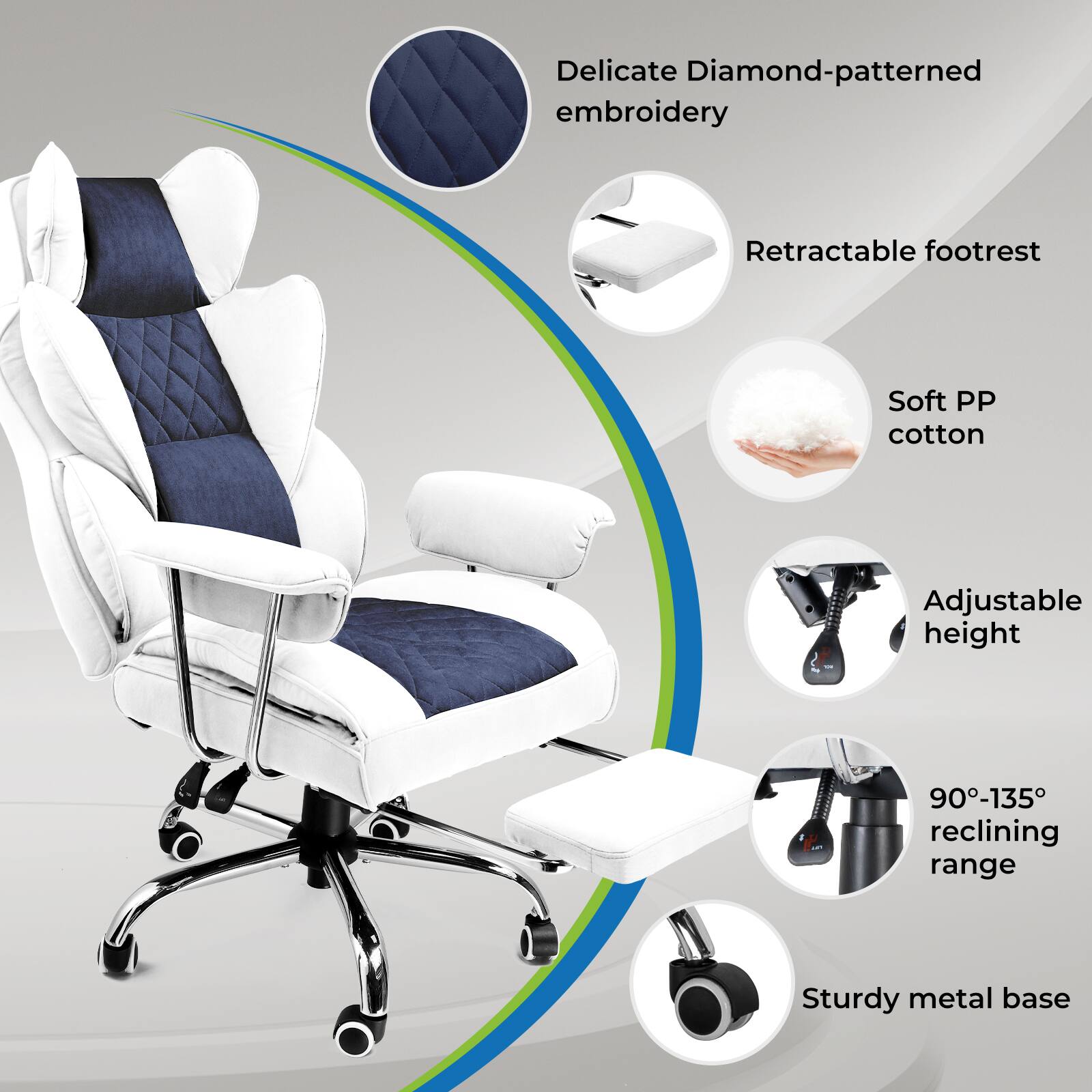 - Delicate Diamond-patterned embroidery
- Retractable footrest
- Soft PP cotton
- Adjustable height
- 90°-135° reclining range
- Sturdy metal base