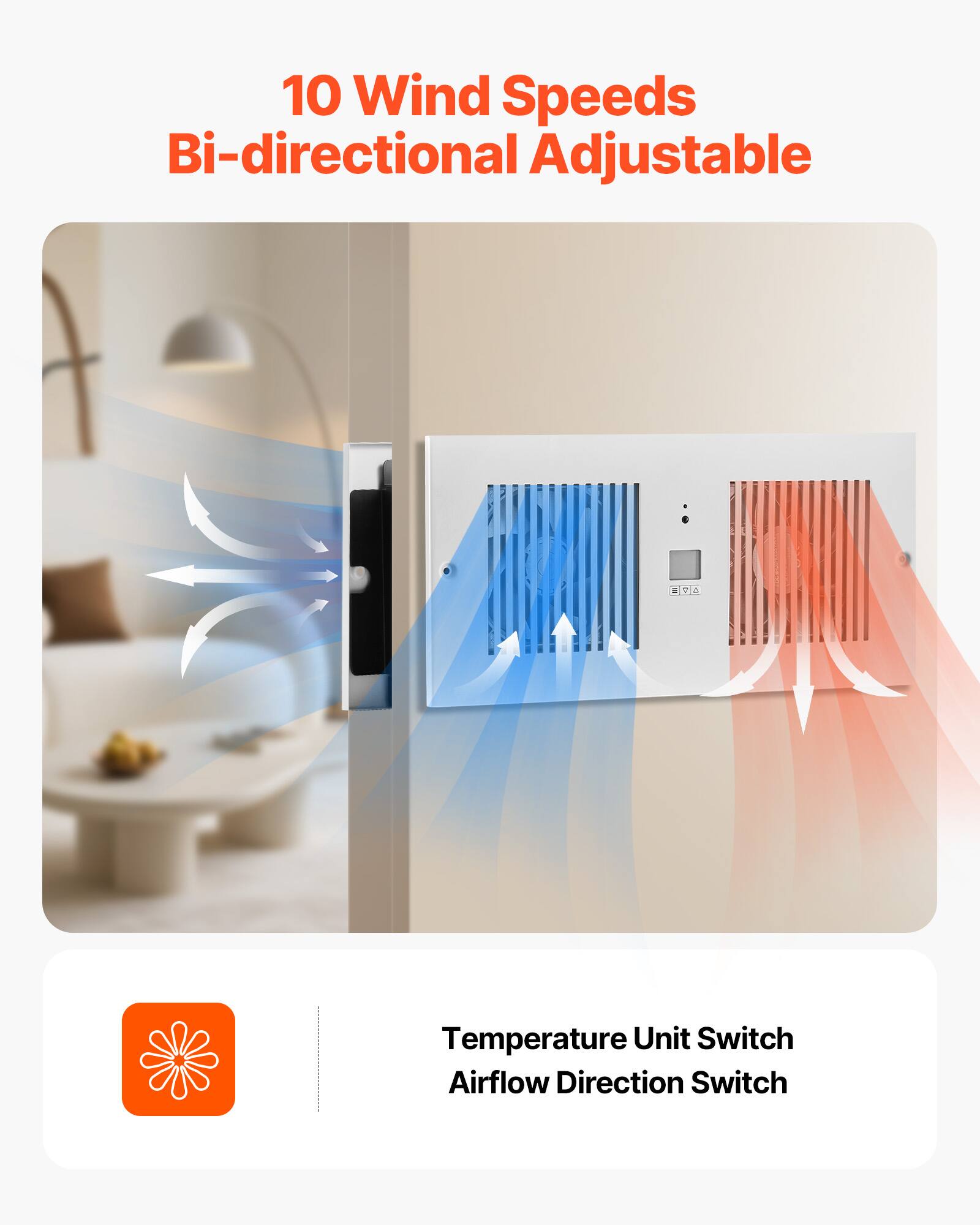 10 Wind Speeds  
Bi-directional Adjustable  

Temperature Unit Switch  
Airflow Direction Switch