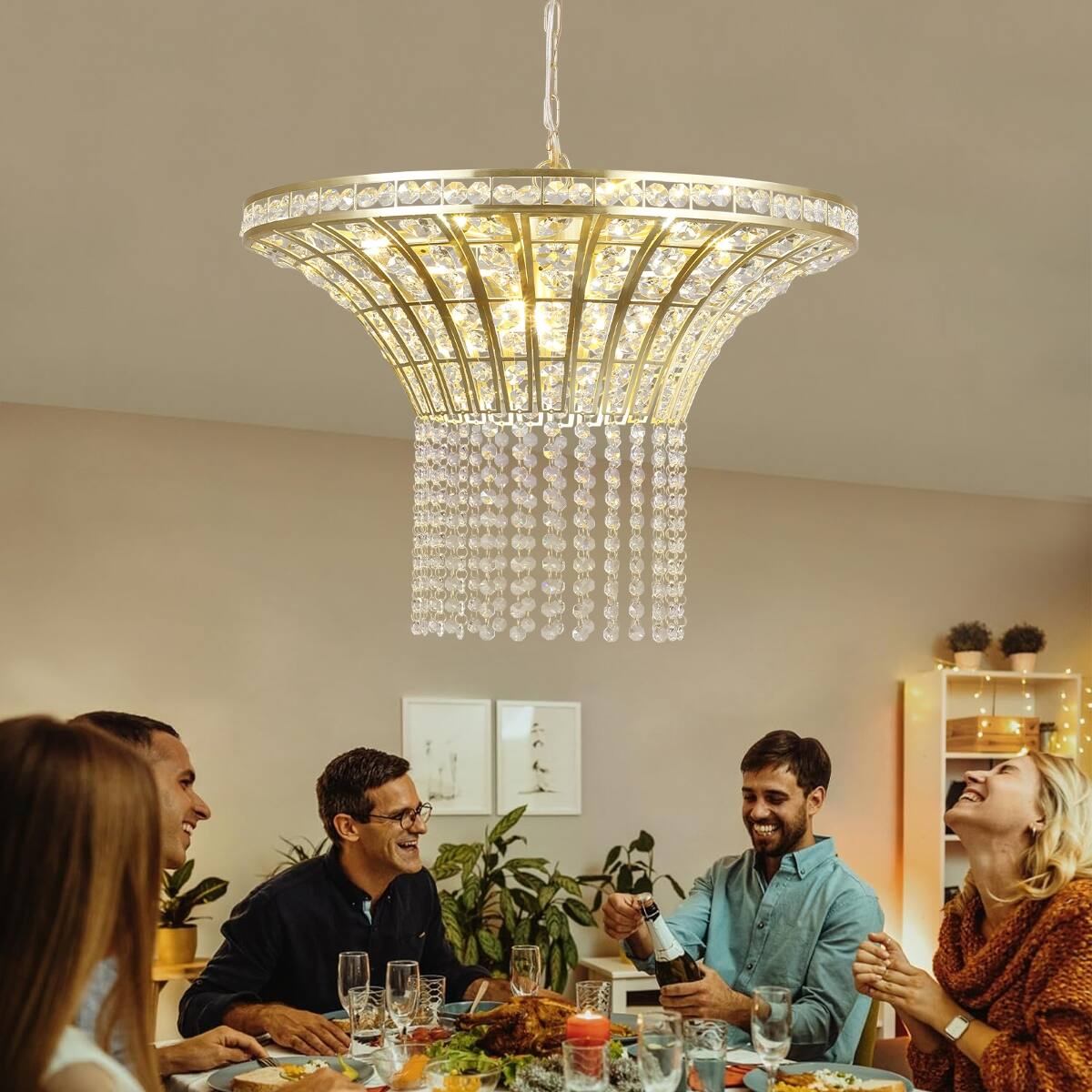 Left. Loheer - Loheer 8-Light Crystal Waterfall Chandelier, Modern Living Room Lighting, Adjustable Height, Gold Finish.