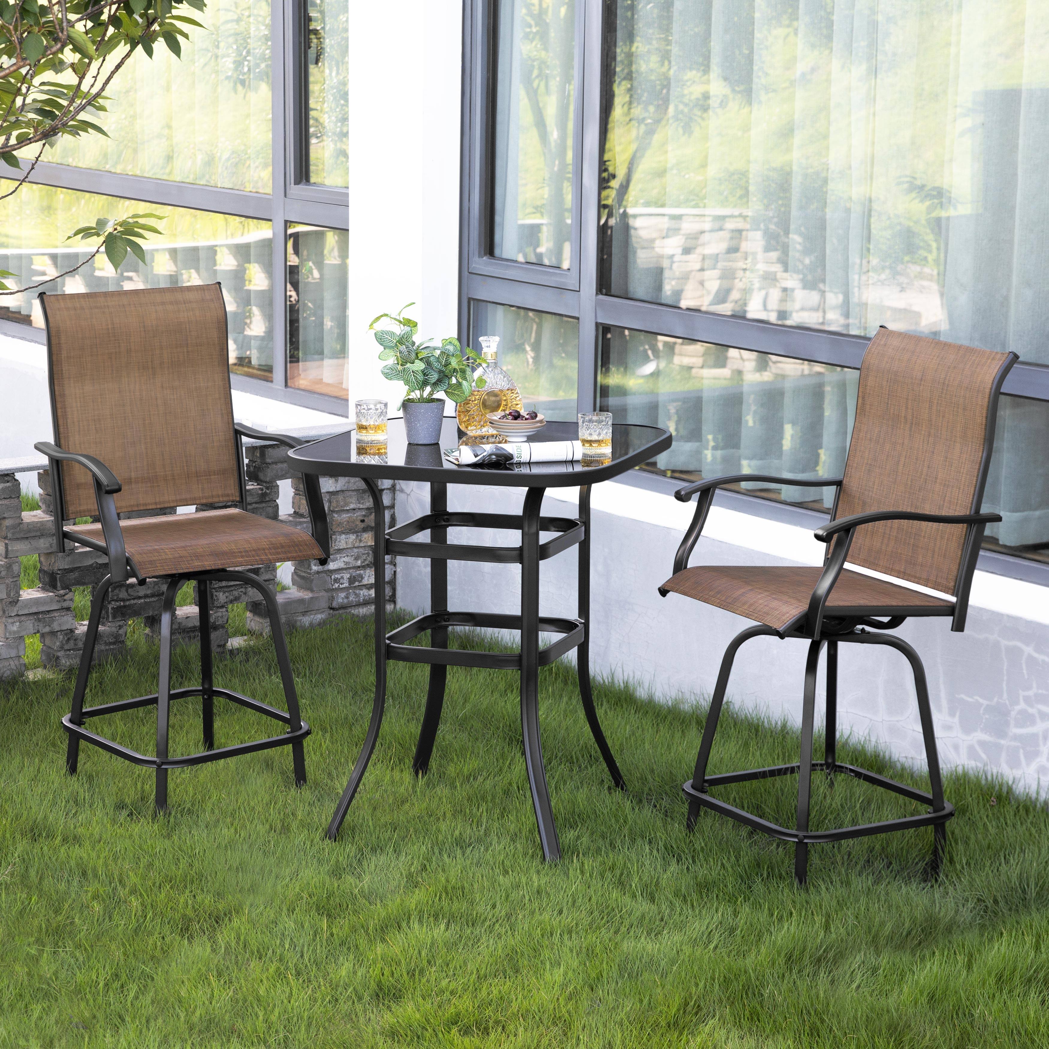 Left. Nuu Garden - Outdoor Patio Swivel Bar Stool Set with Glass Table, All-Weather Textilene - Black and Brown.