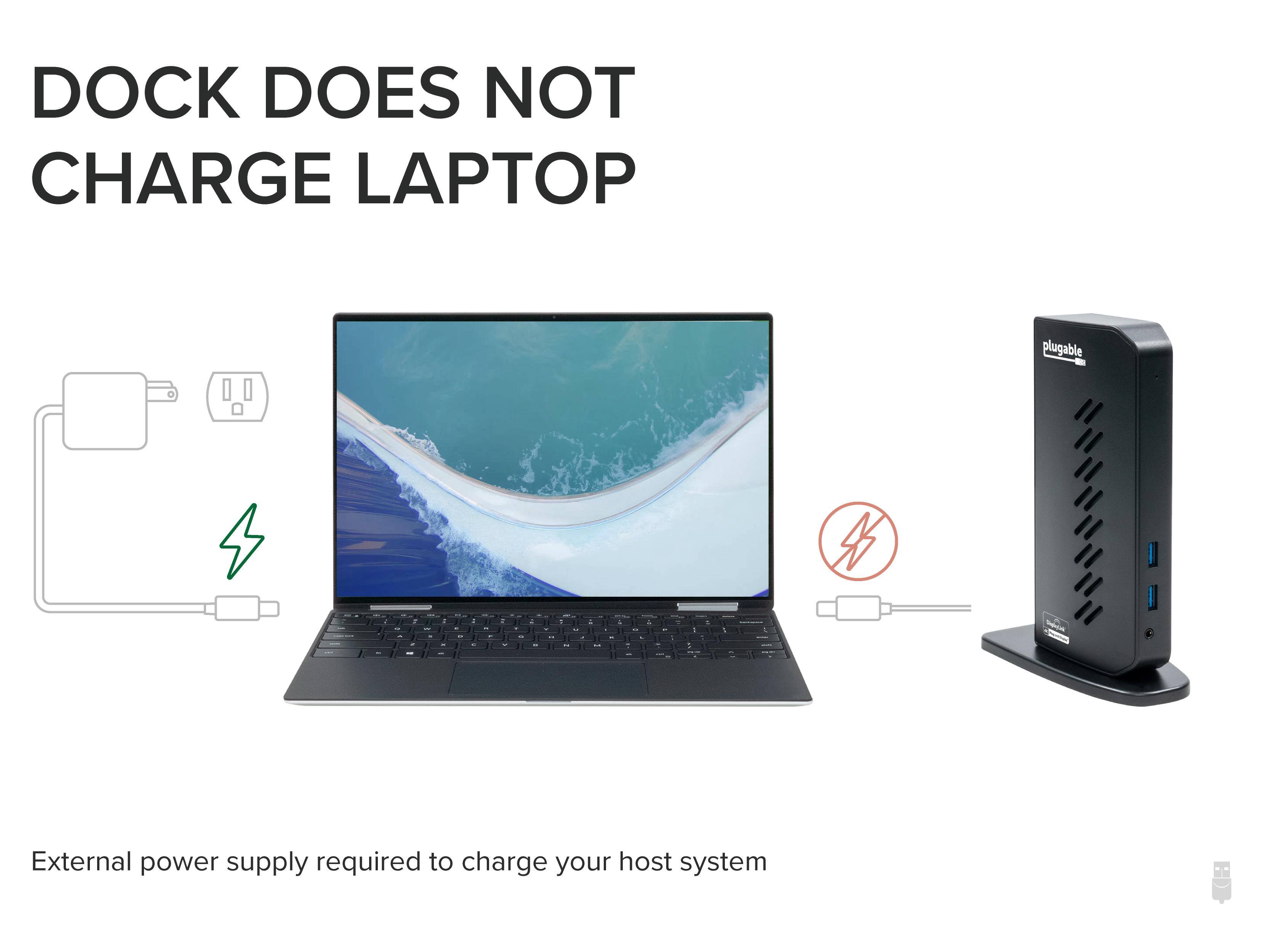 DOCK DOES NOT CHARGE LAPTOP
plugable 4. - a 3 i - I - - - I - - I - - . - - 1 - - - - - 1 I + . + I - - 1 - 1 - 
External power supply required to charge your host system