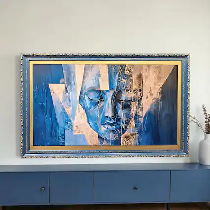 Front. LAREDO FRAME FACTORY - 65 inch Hisense Canvas TV Ornate frame, Canvas TV by Hisense - HONKY TONK BLUE WITH GOLD.